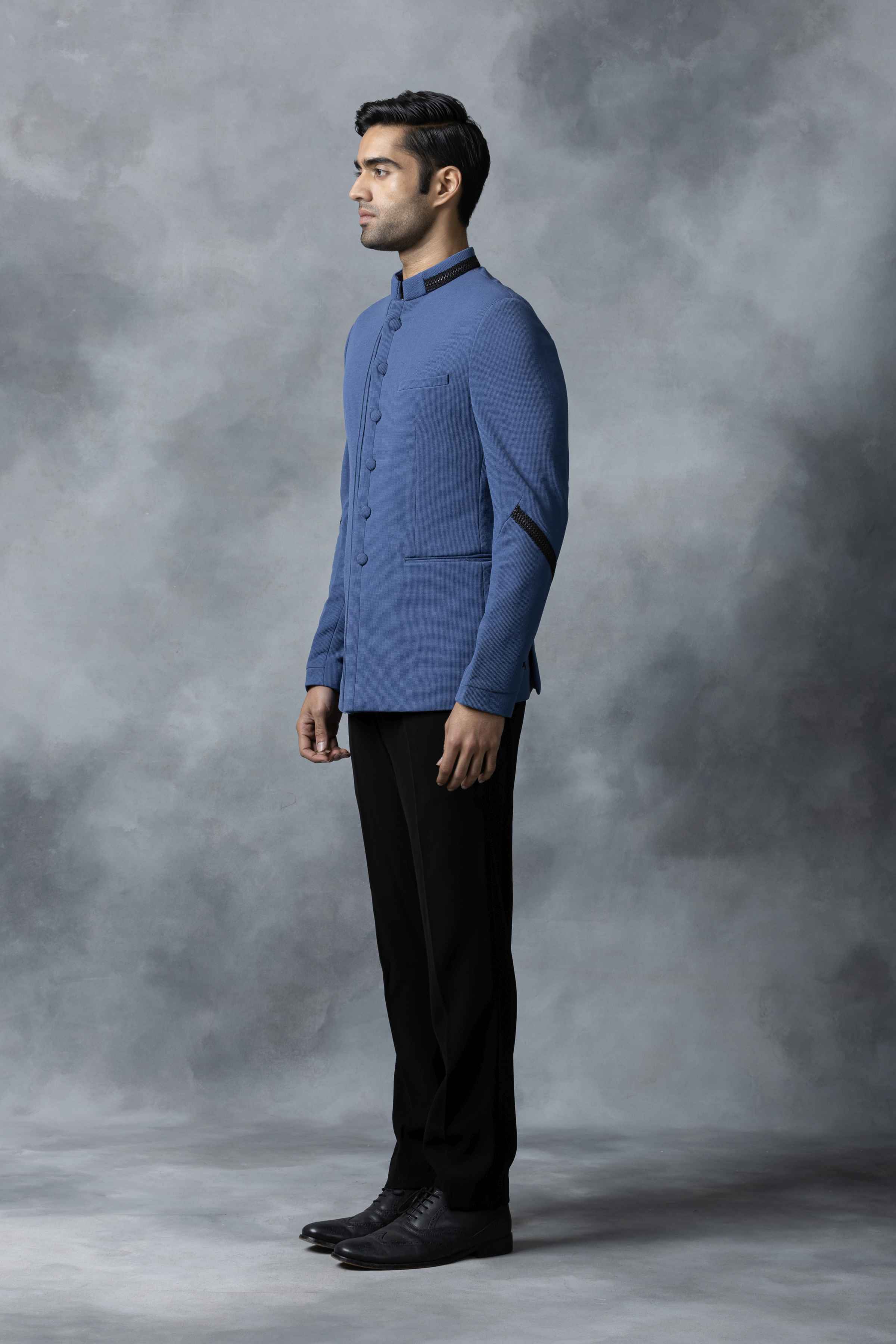 Blue Bandhgala With Black Leather Detailing