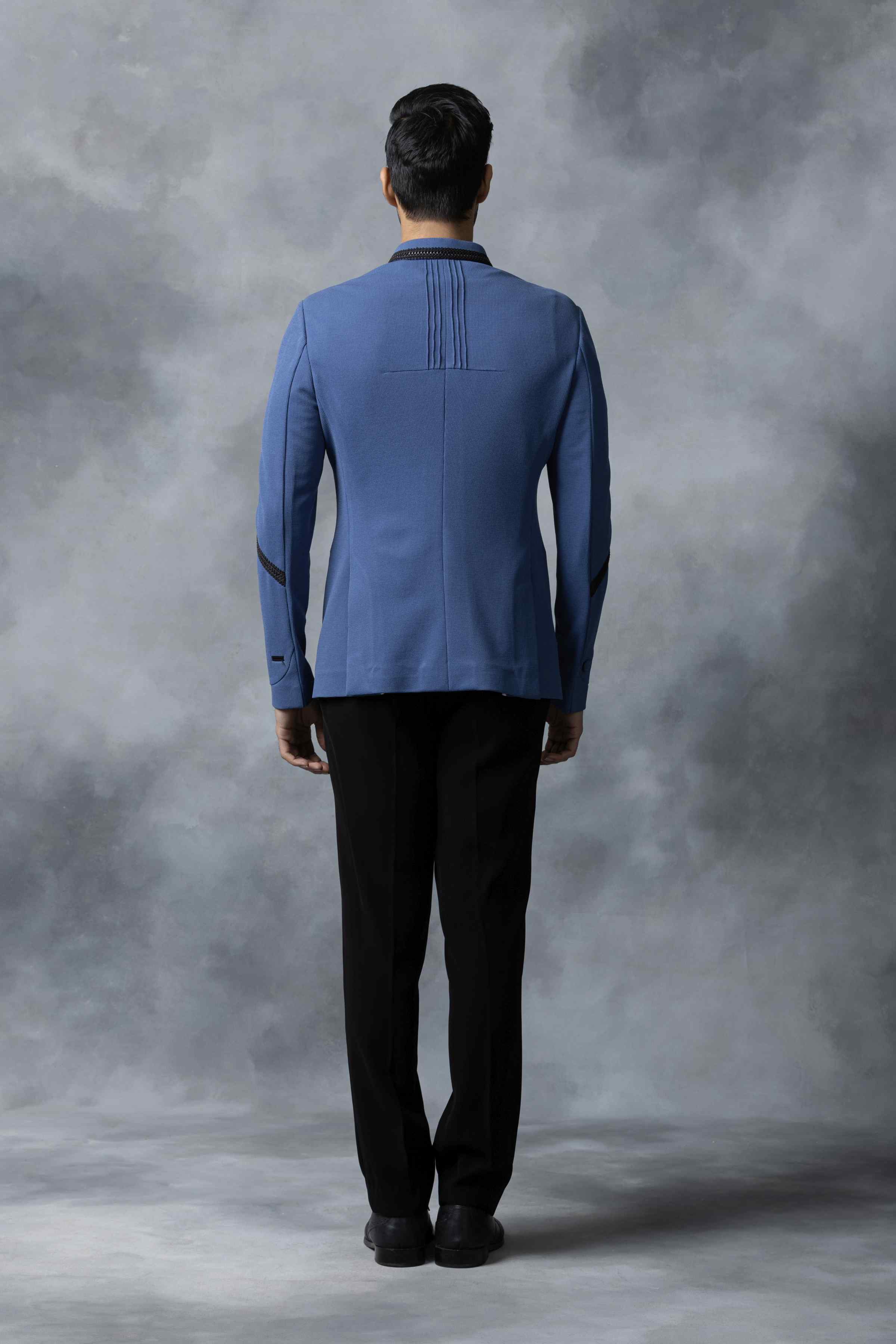 Blue Bandhgala With Black Leather Detailing