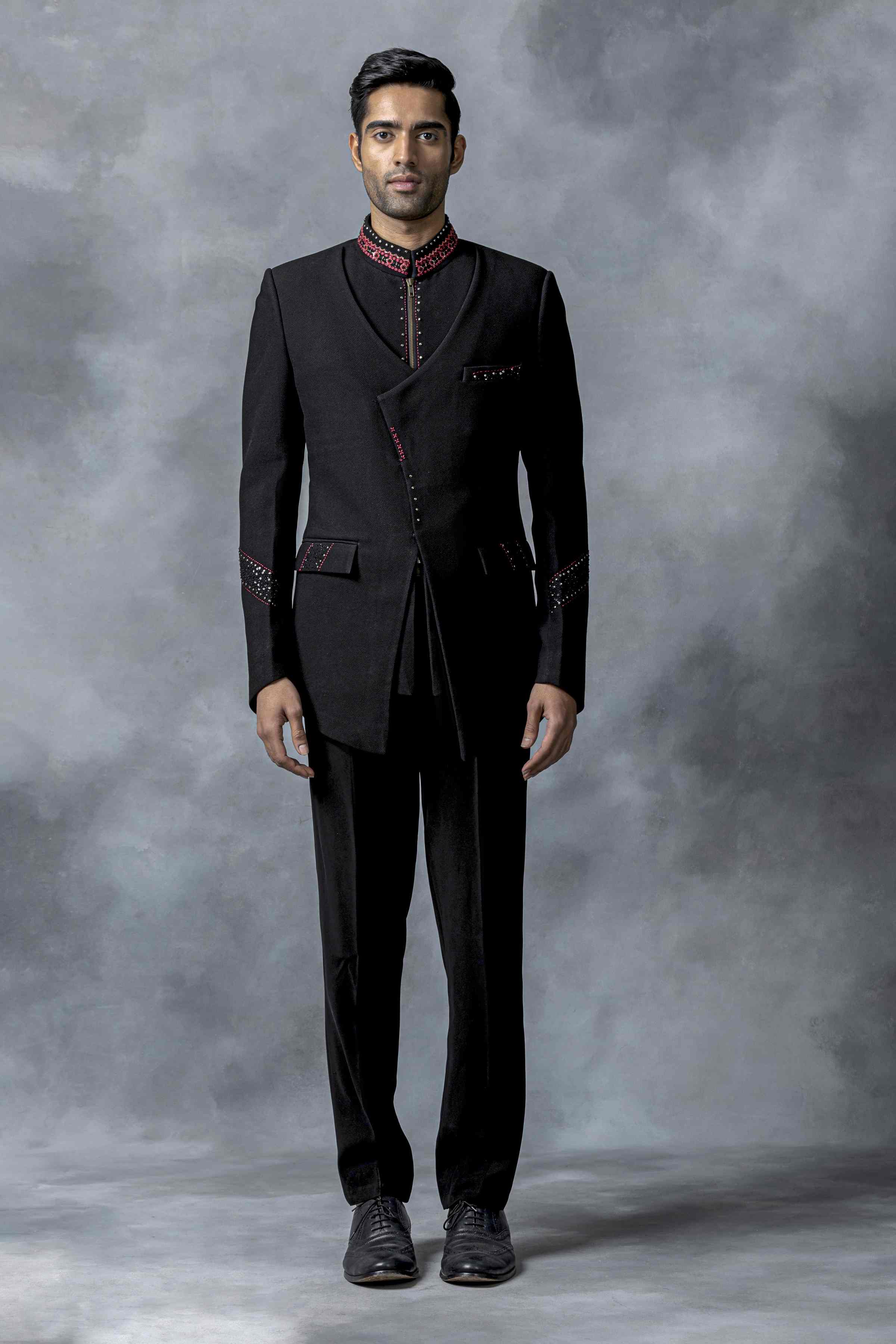 Black Bandhgala With Pink Thread And Rivet Work