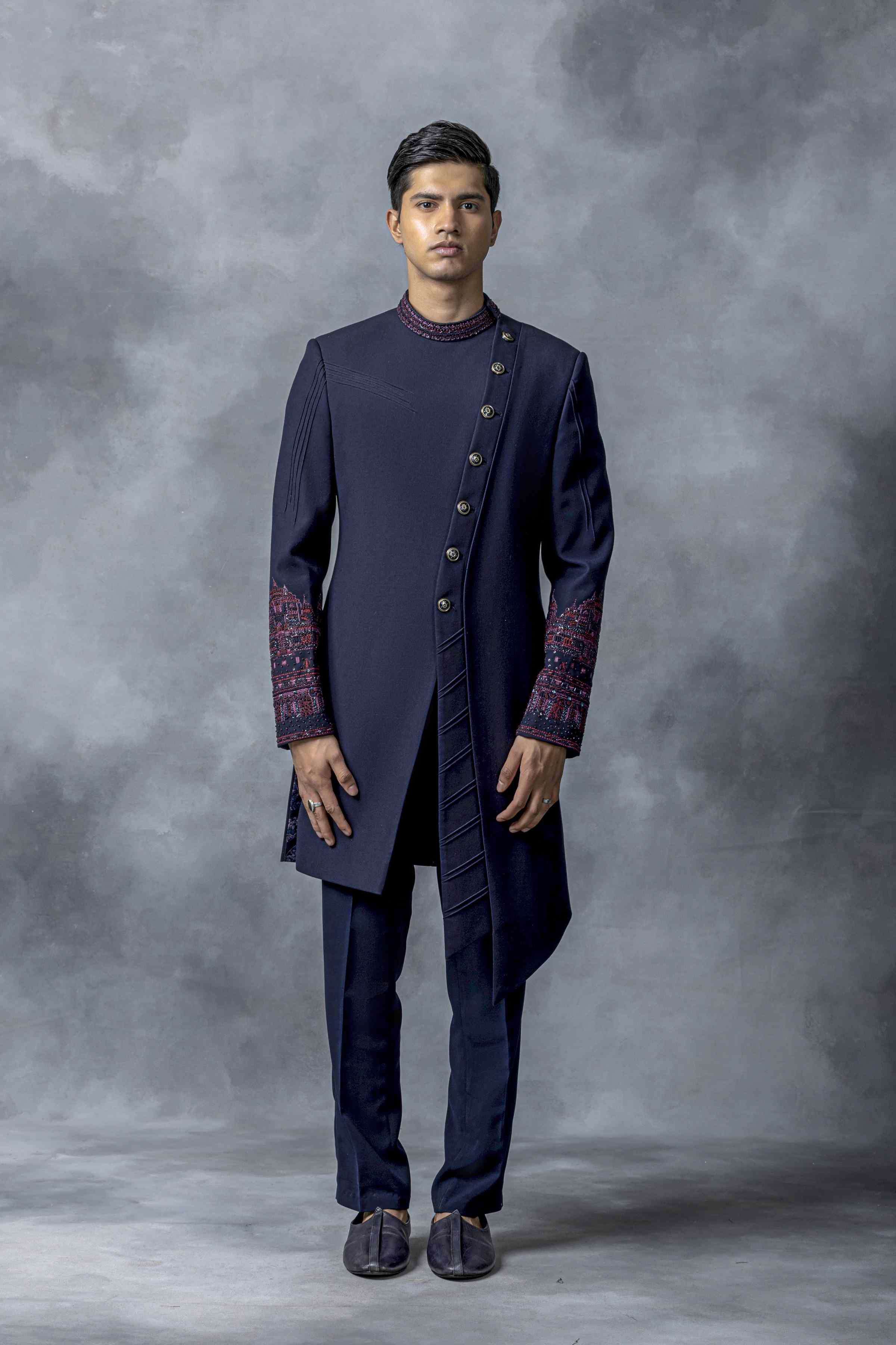 Navy Slant Cut Indo-Western With Wine And Navy Embroidery