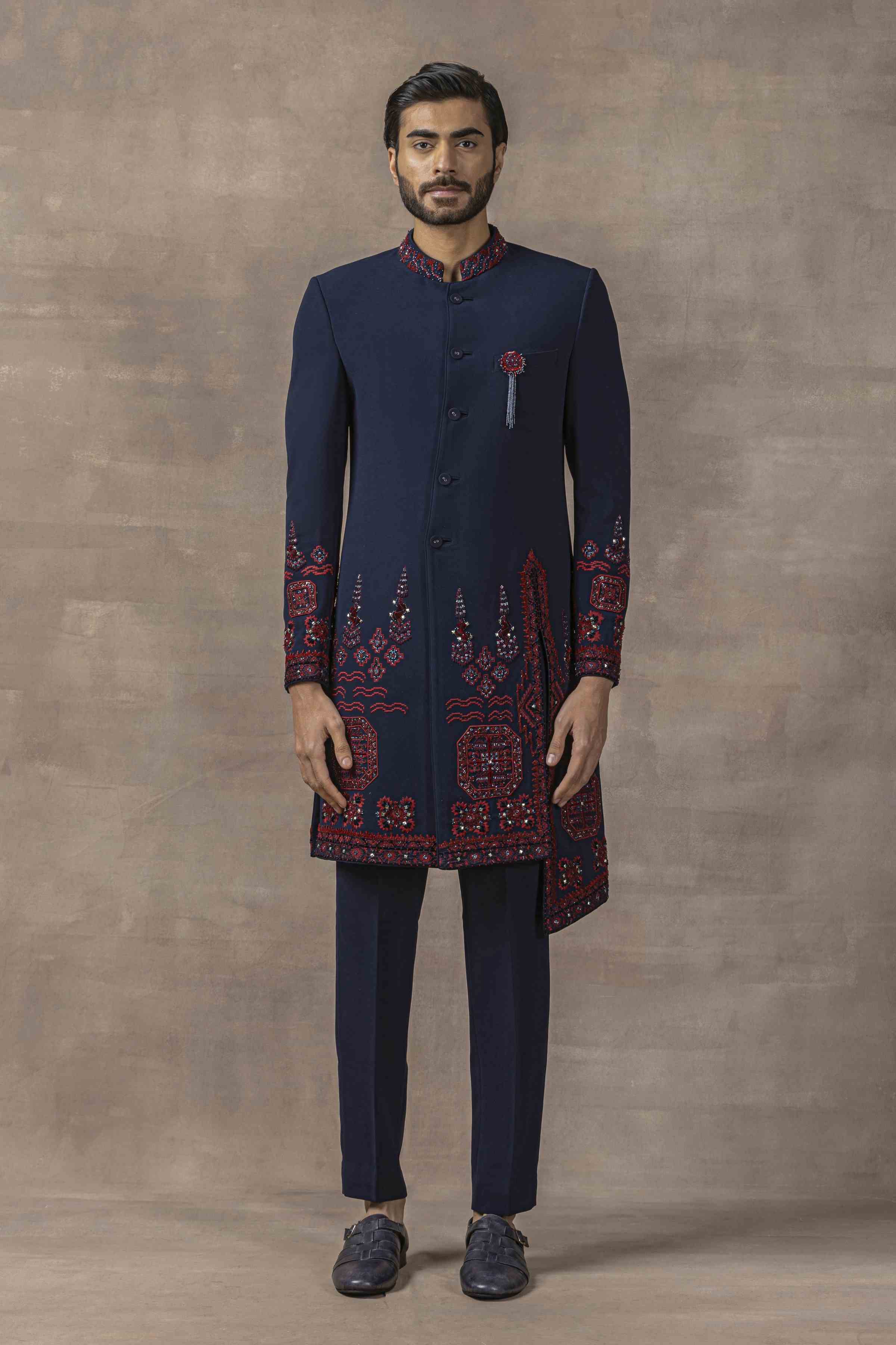Oxblood Red And Navy Embroidered Indo-Western