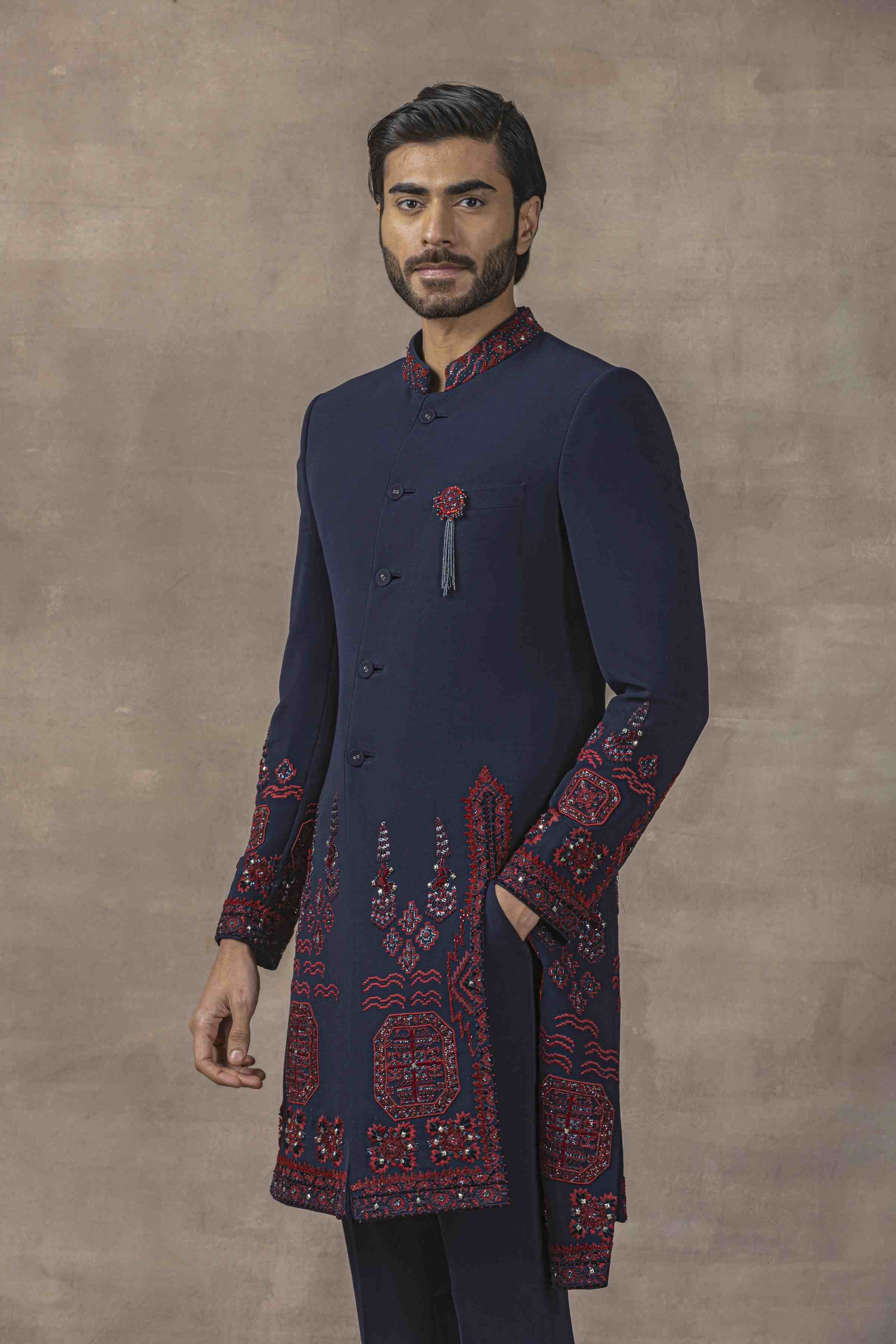 Oxblood Red And Navy Embroidered Indo-Western