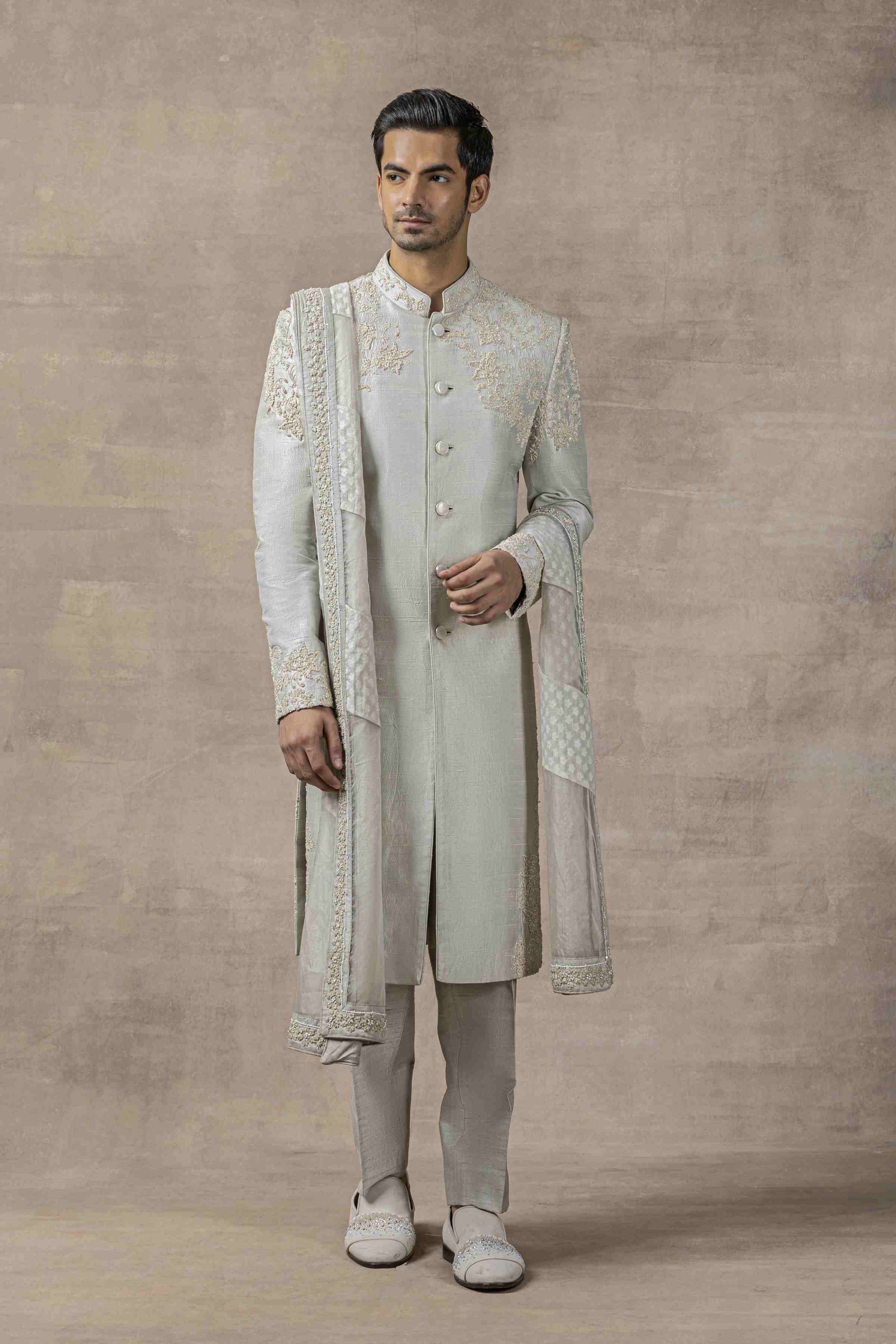 Grey Raw Silk Sherwani