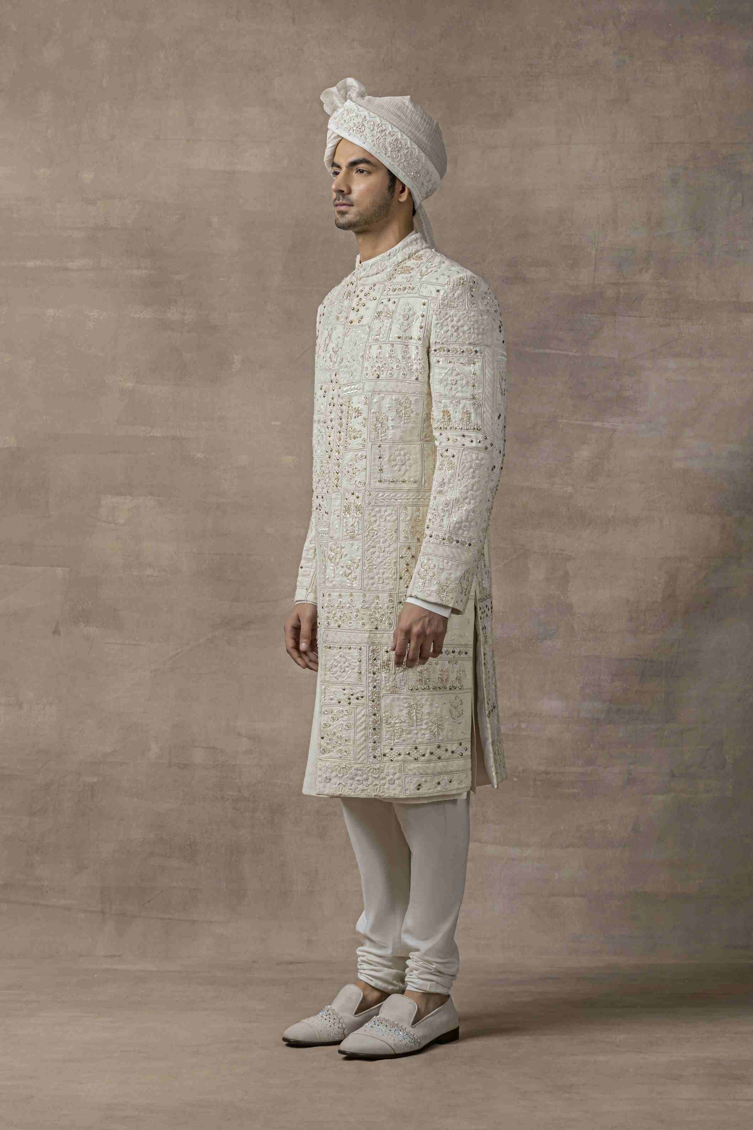 Ivory Sherwani With Rivet And Thread Work