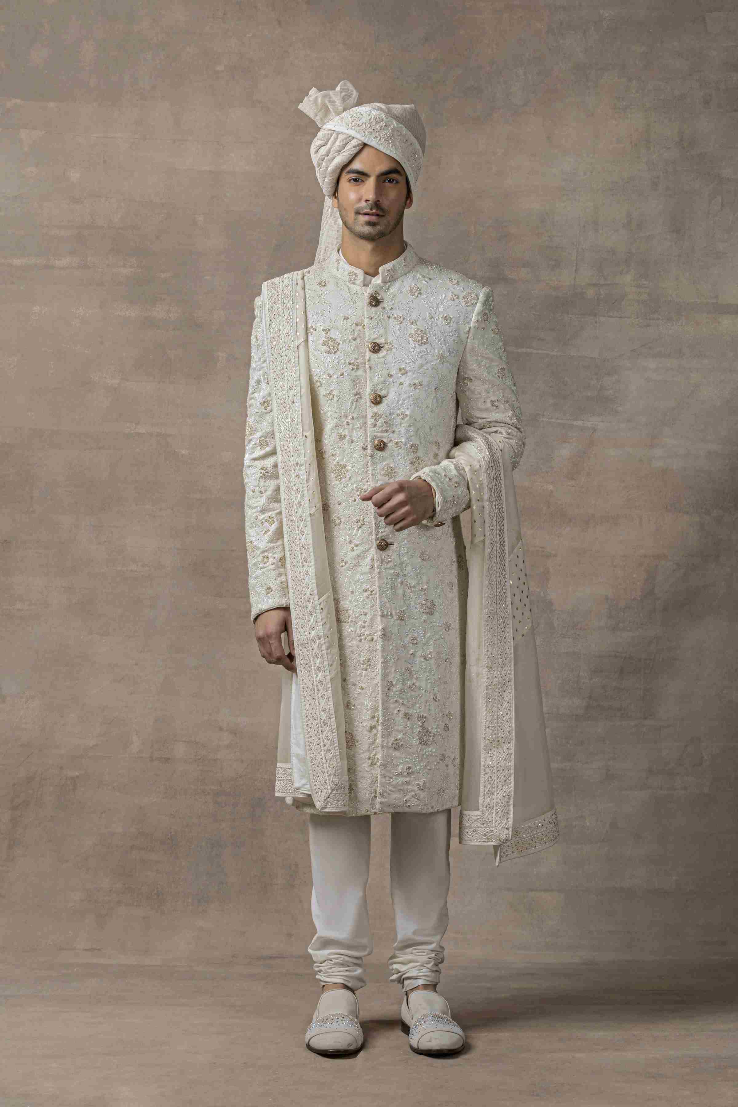 Ivory Sherwani Highlighted With Velvet Cut