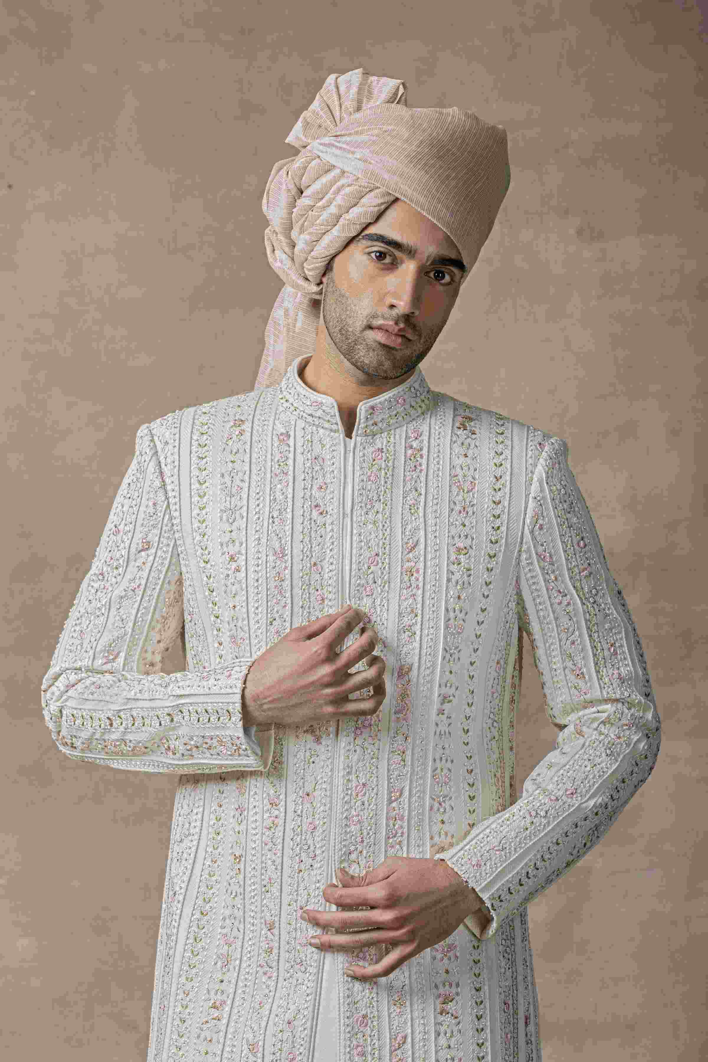 Ivory Sherwani Highlighted With Thread And Pearl Work
