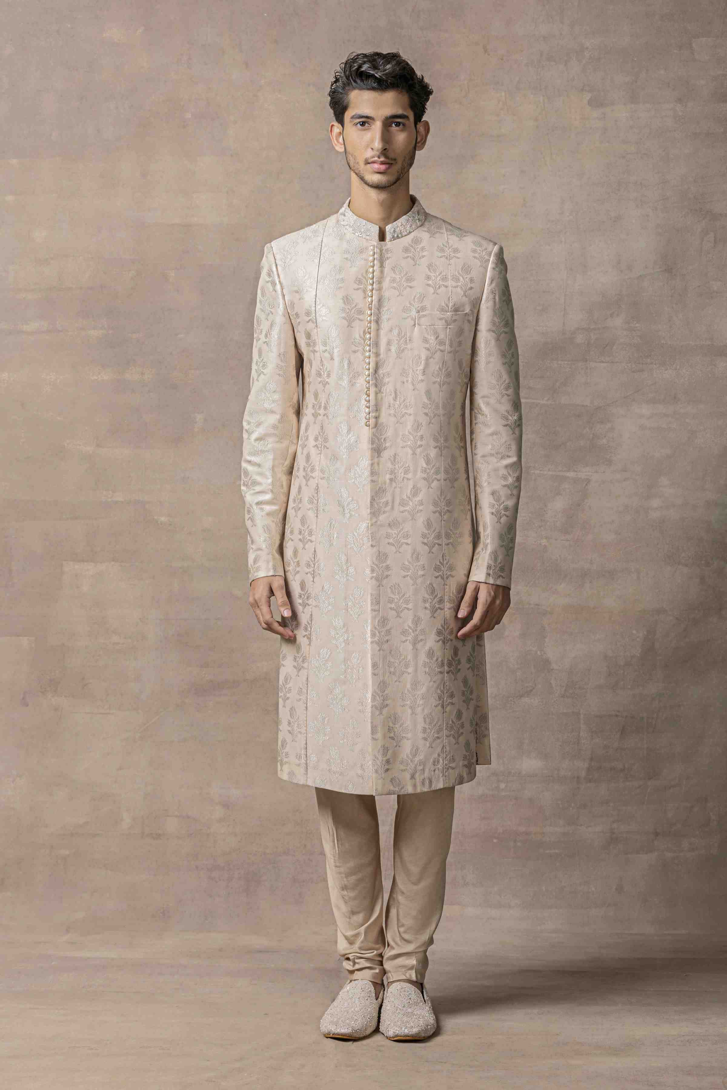Peach Sherwani With Thread And Pearl Detailing