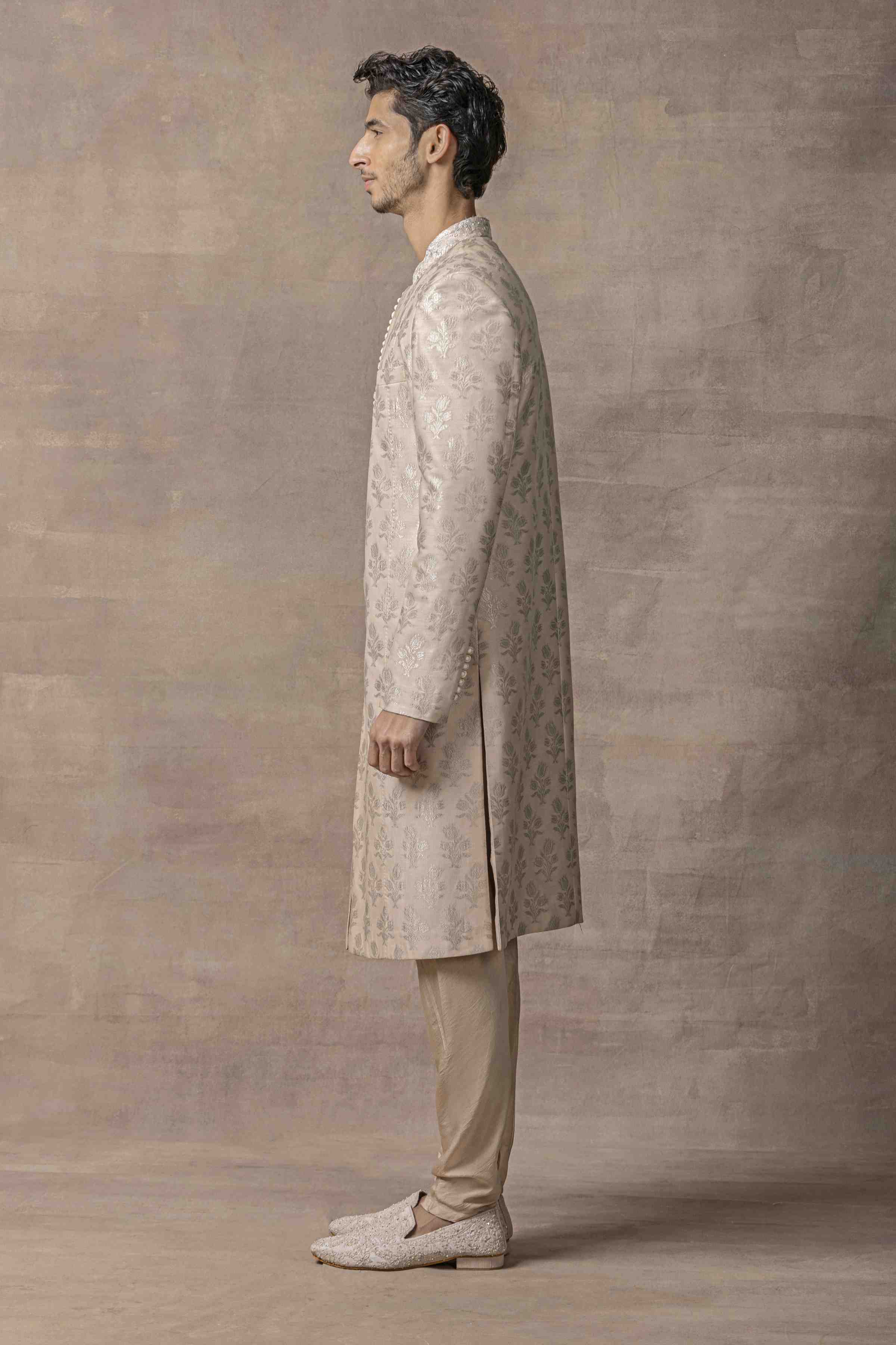 Peach Sherwani With Thread And Pearl Detailing