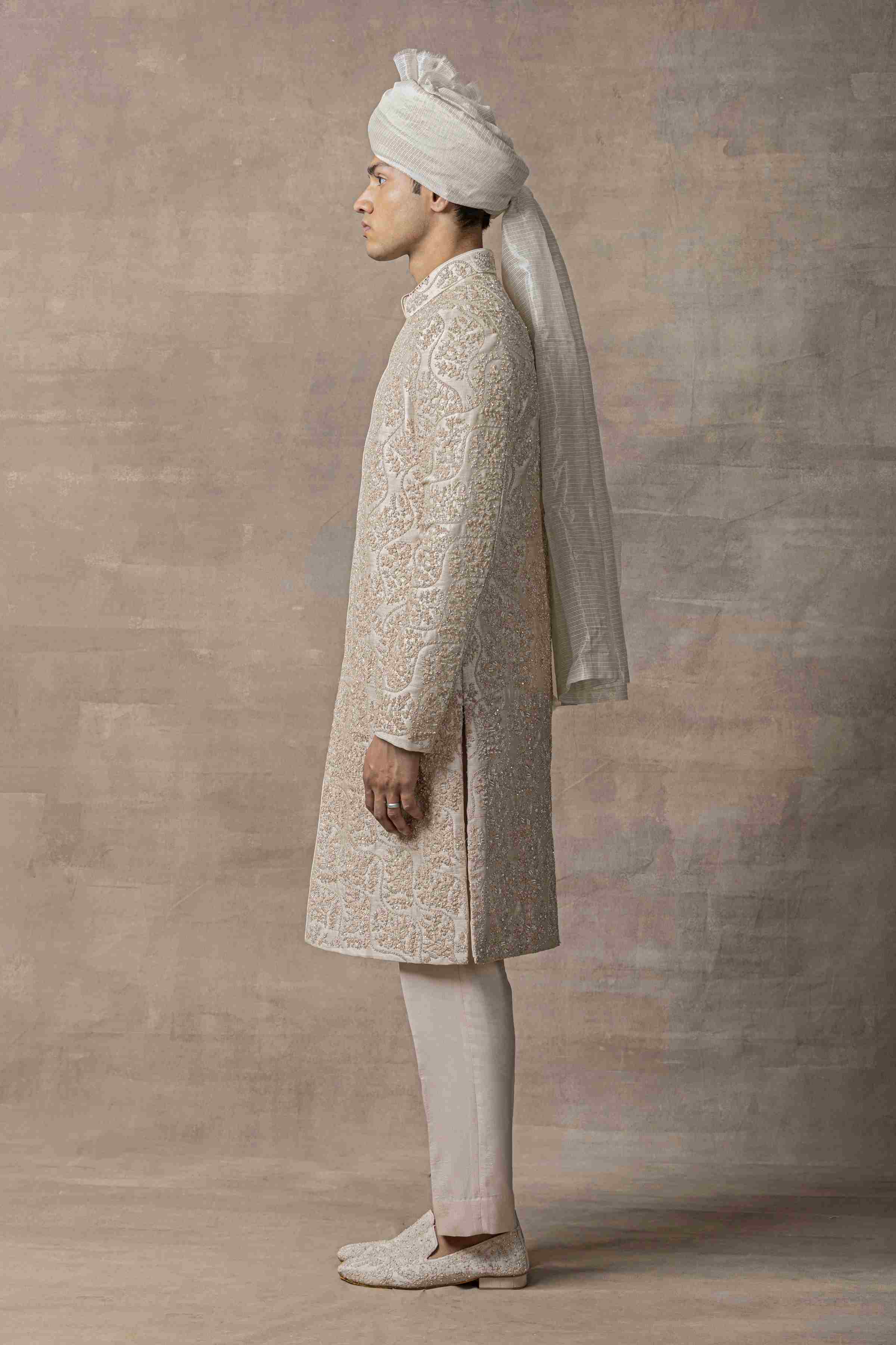 Rose Gold Sherwani Highlighted With Rose Gold Zari And Thread