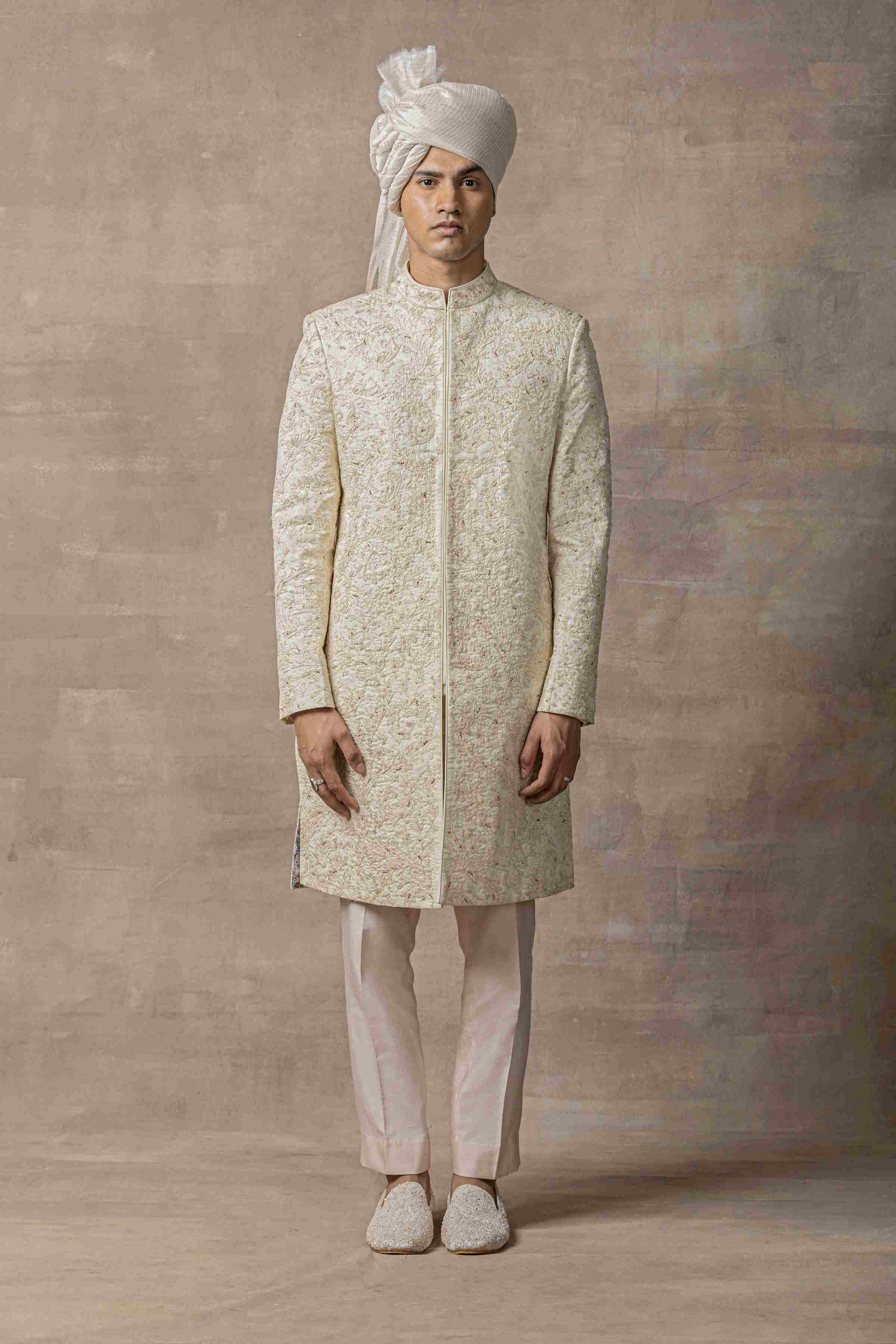 Off White Sherwani Highlighted With Nude Peach Thread Work