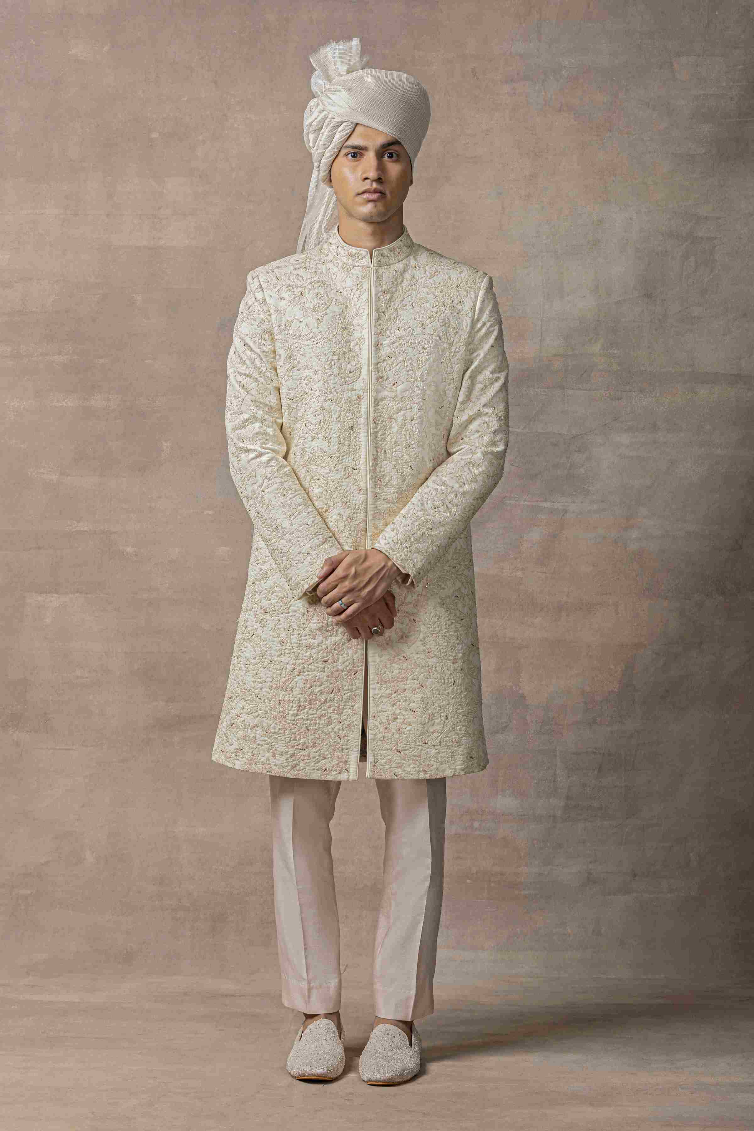 Off White Sherwani Highlighted With Nude Peach Thread Work