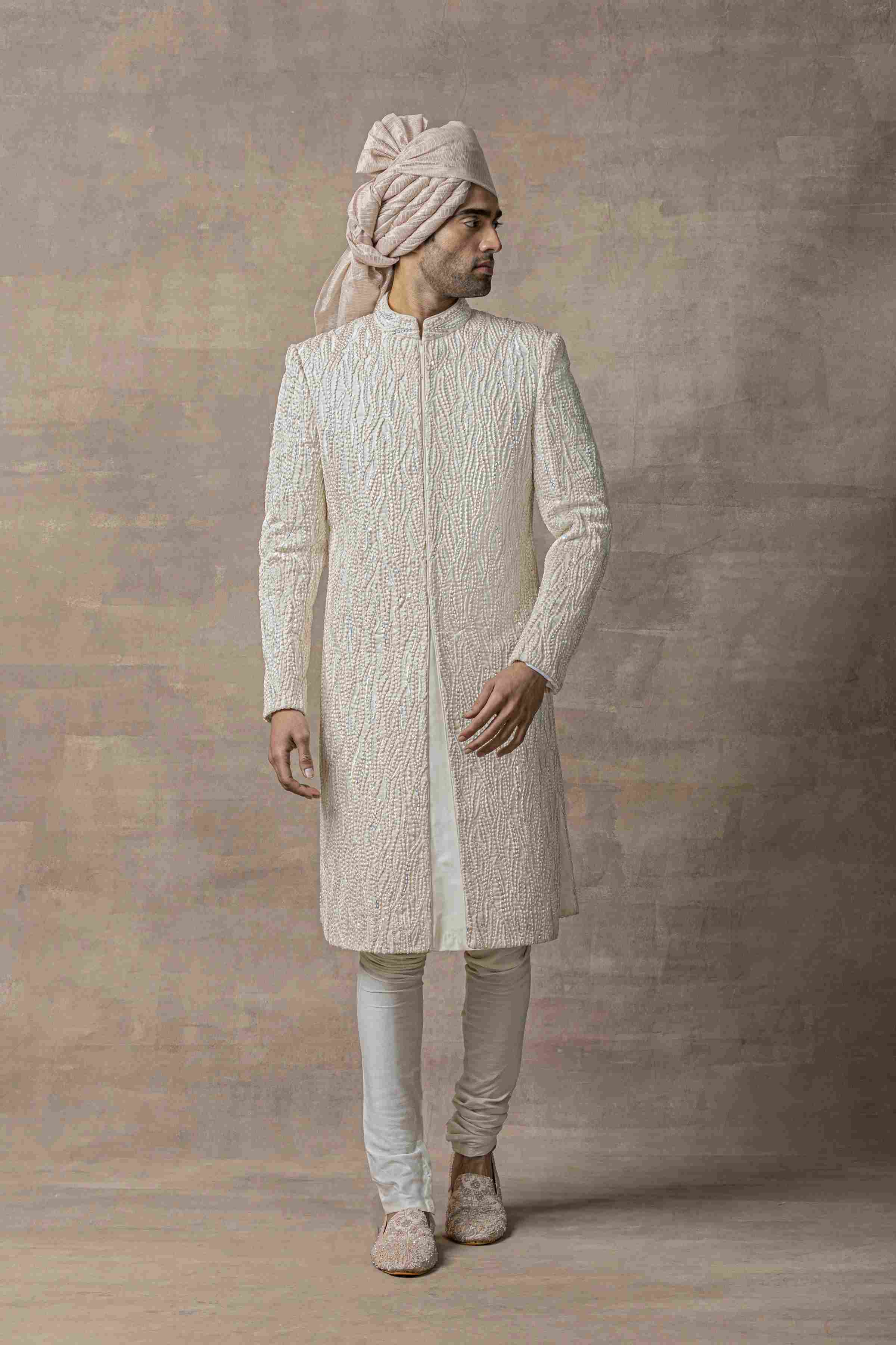 Off White Sherwani Highlighted With Thread , Pearl And Multi Coloured Sequin