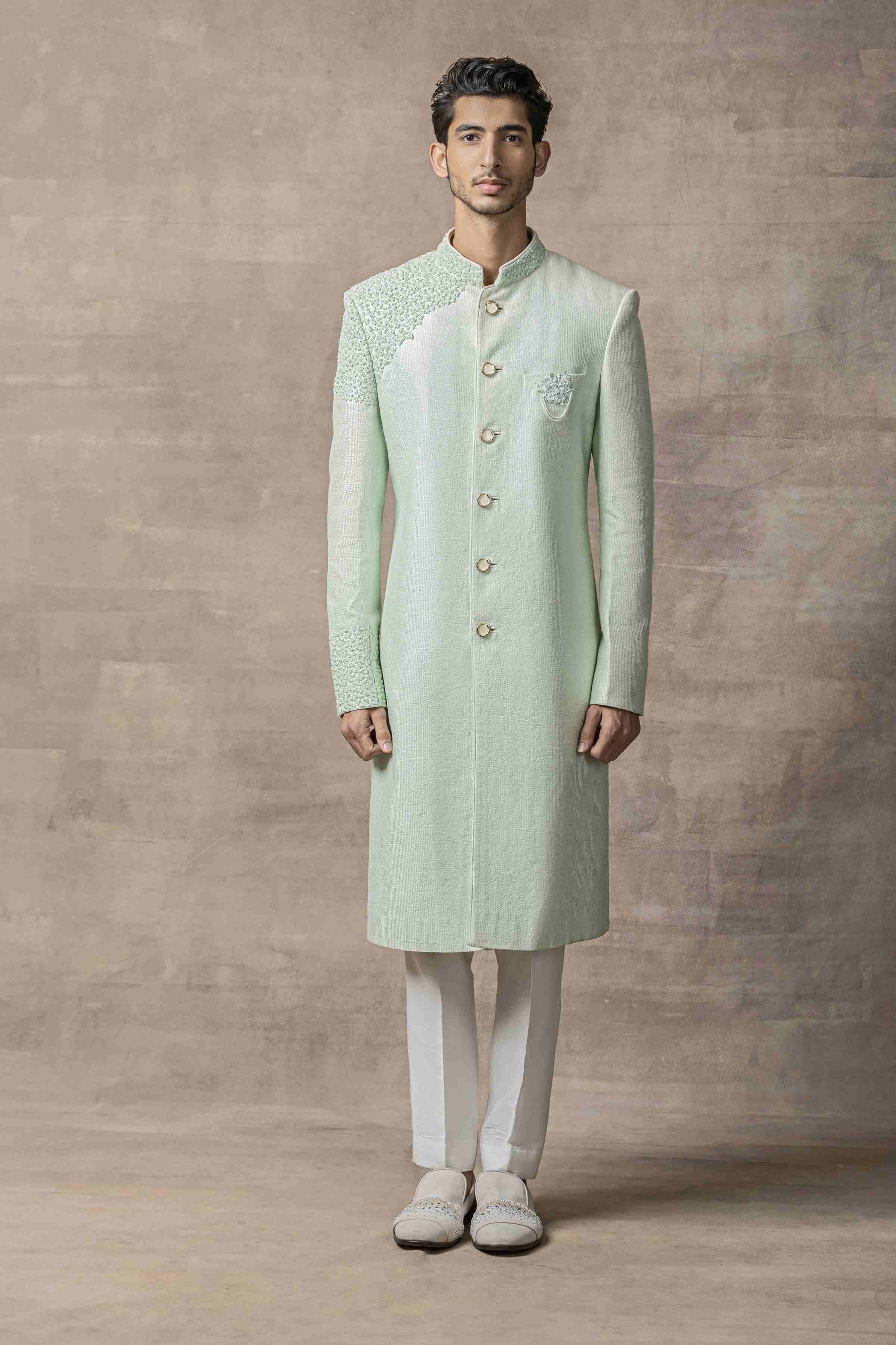 Aqua Dhagai Sherwani Highlighted With 3D Thread Work And Pearl