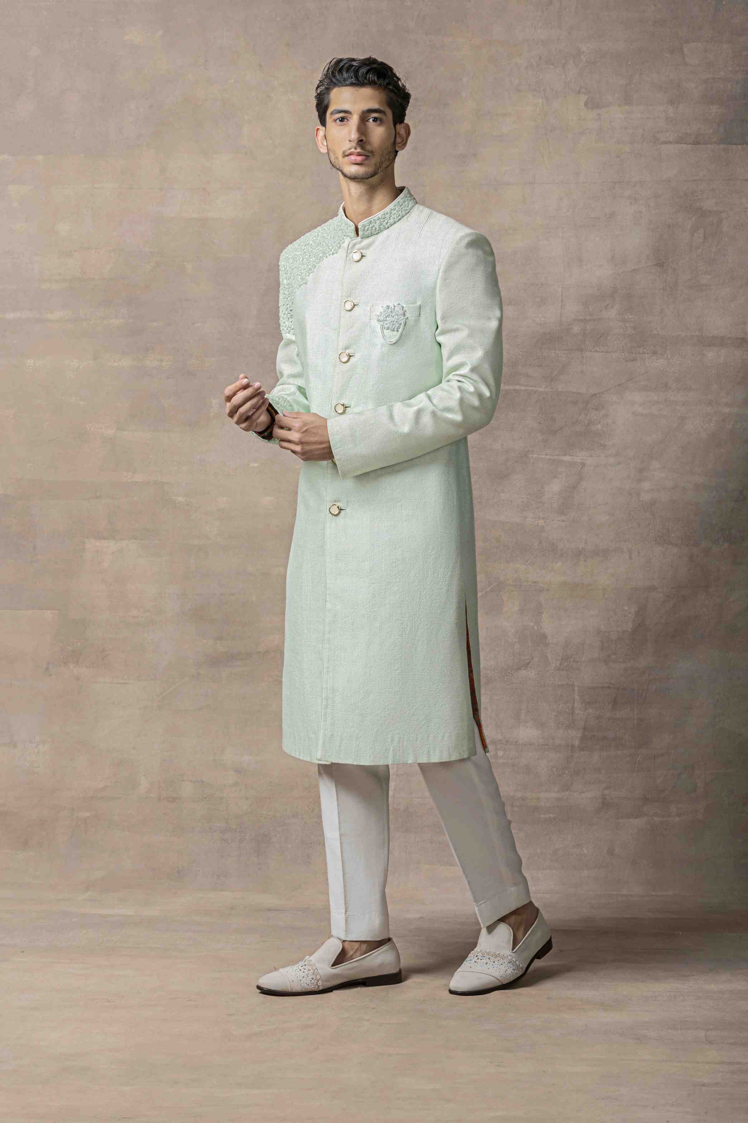 Aqua Dhagai Sherwani Highlighted With 3D Thread Work And Pearl