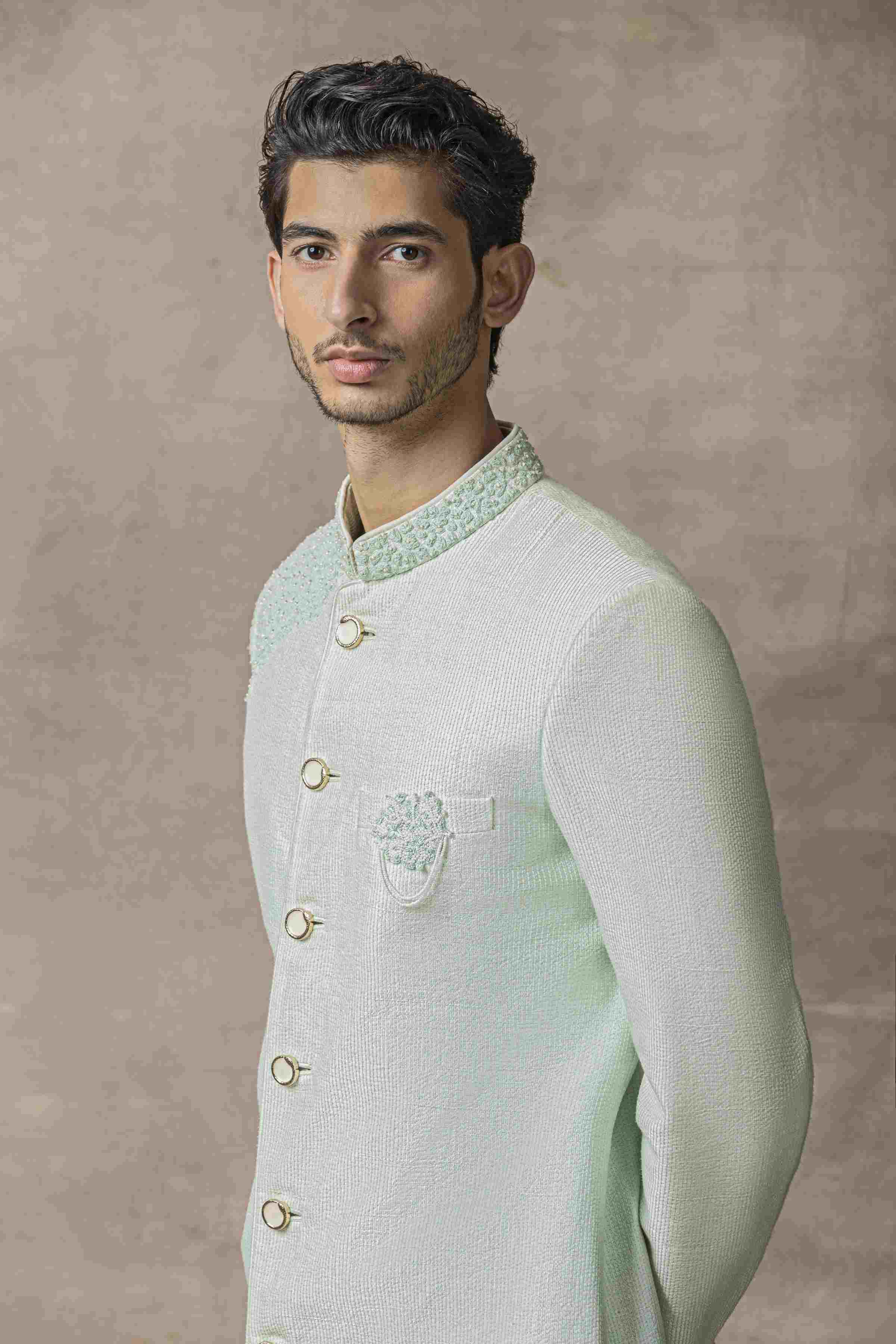 Aqua Dhagai Sherwani Highlighted With 3D Thread Work And Pearl