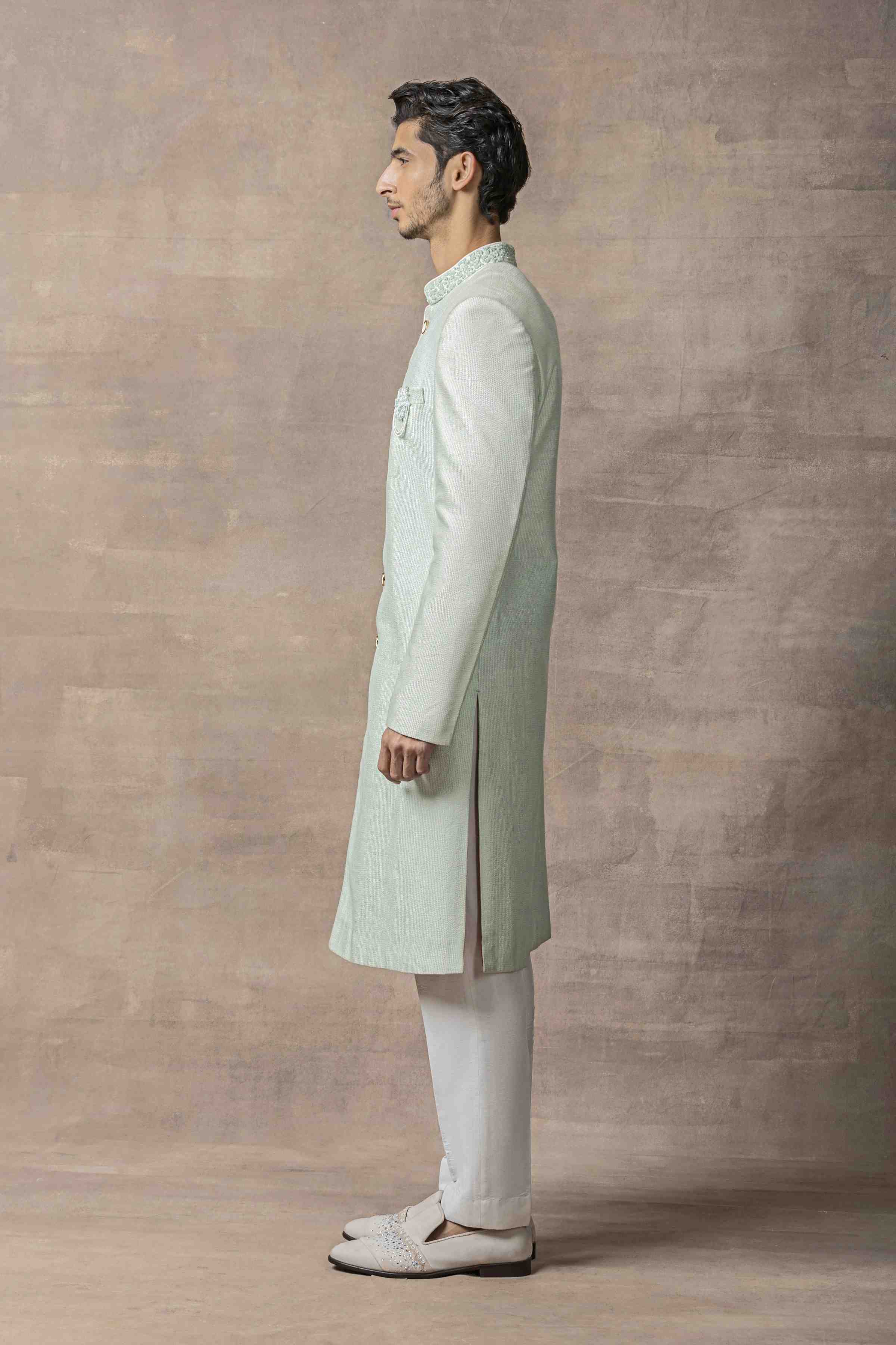 Aqua Dhagai Sherwani Highlighted With 3D Thread Work And Pearl