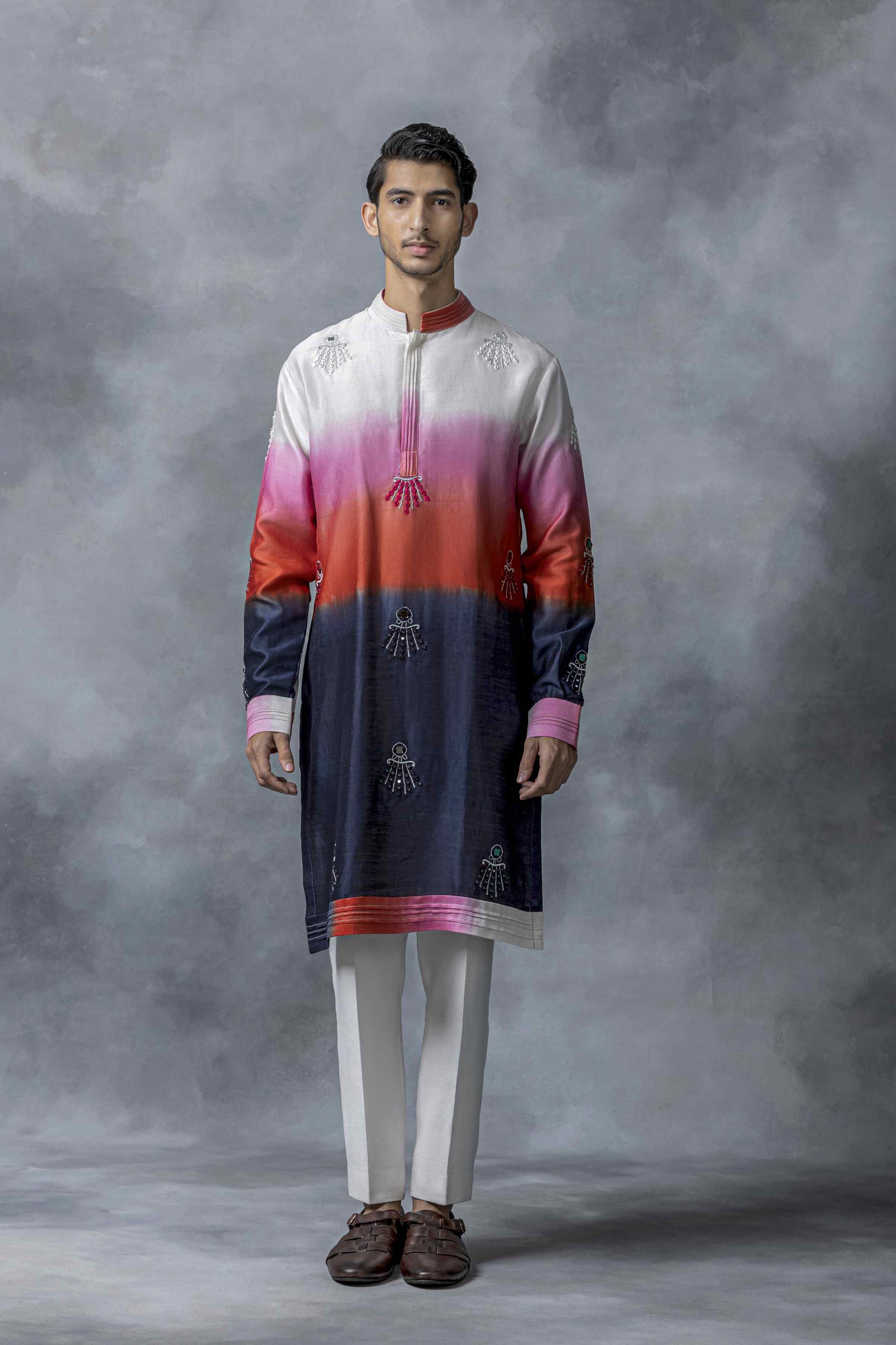 Red, Blue & Off White Ombre Sequin Kurta Set