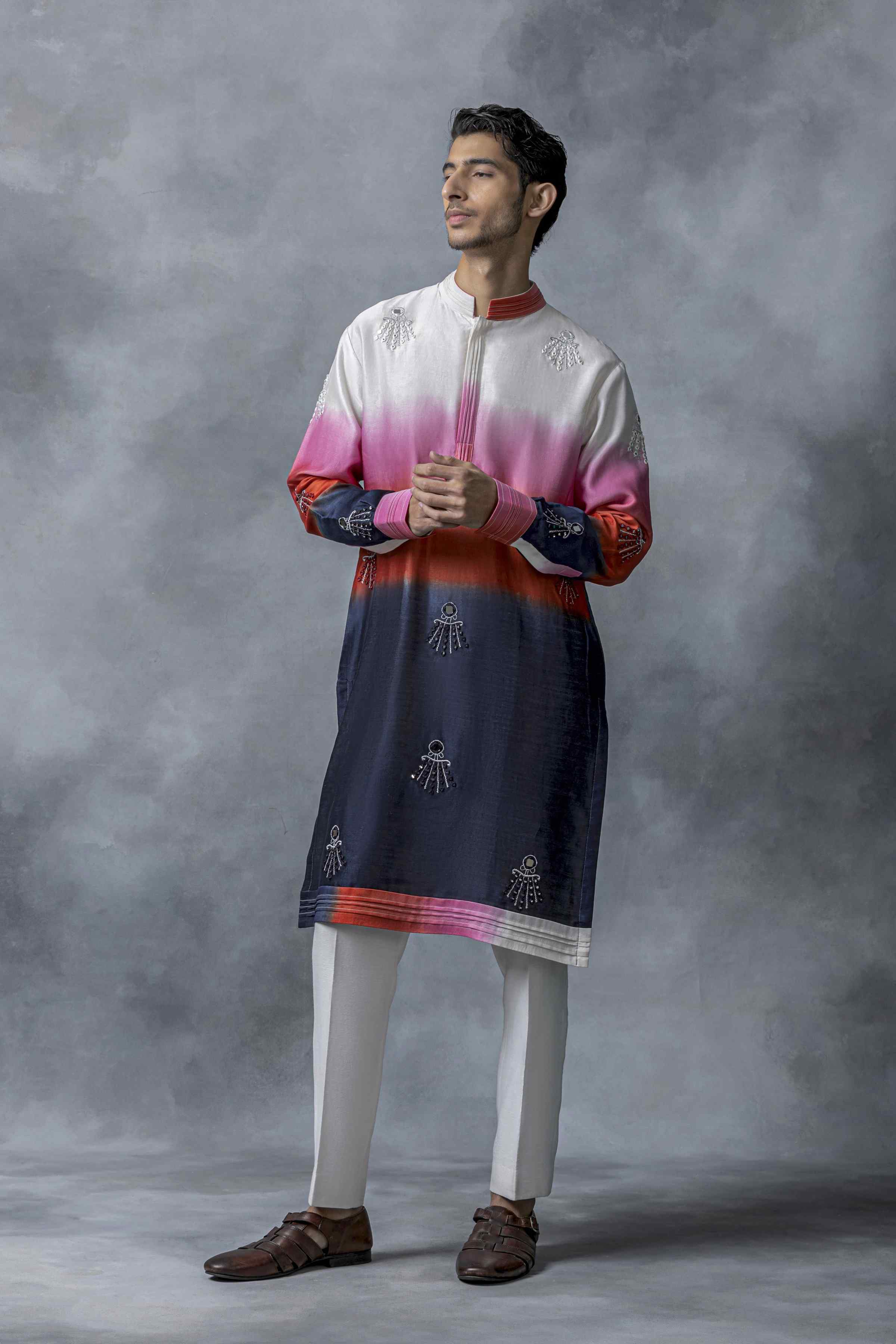 Red, Blue & Off White Ombre Sequin Kurta Set