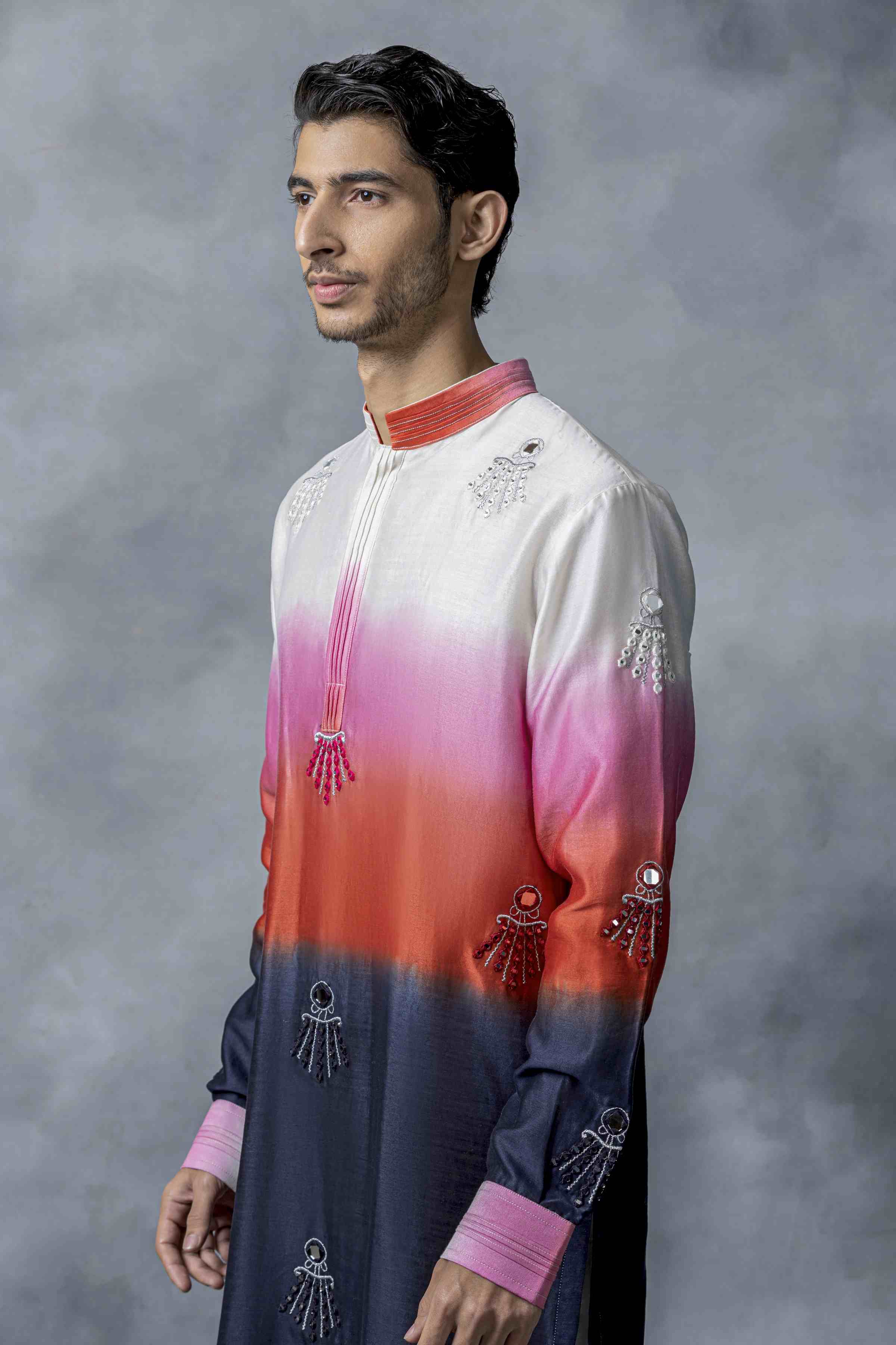 Red, Blue & Off White Ombre Sequin Kurta Set