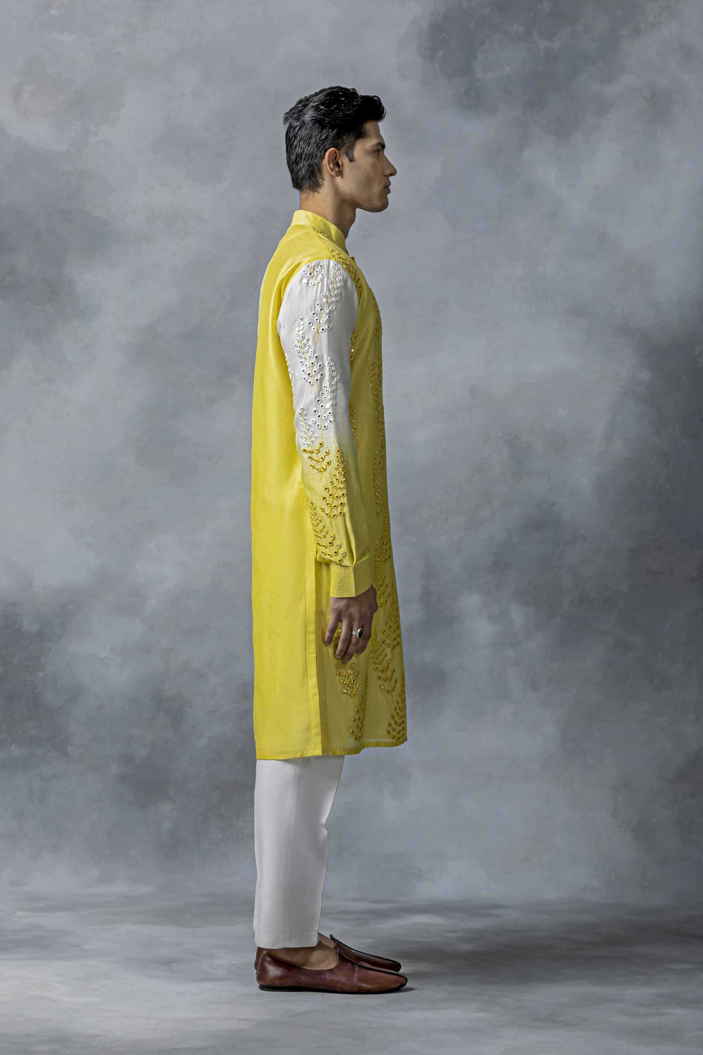 Yellow And White Mirror Work Kurta Set