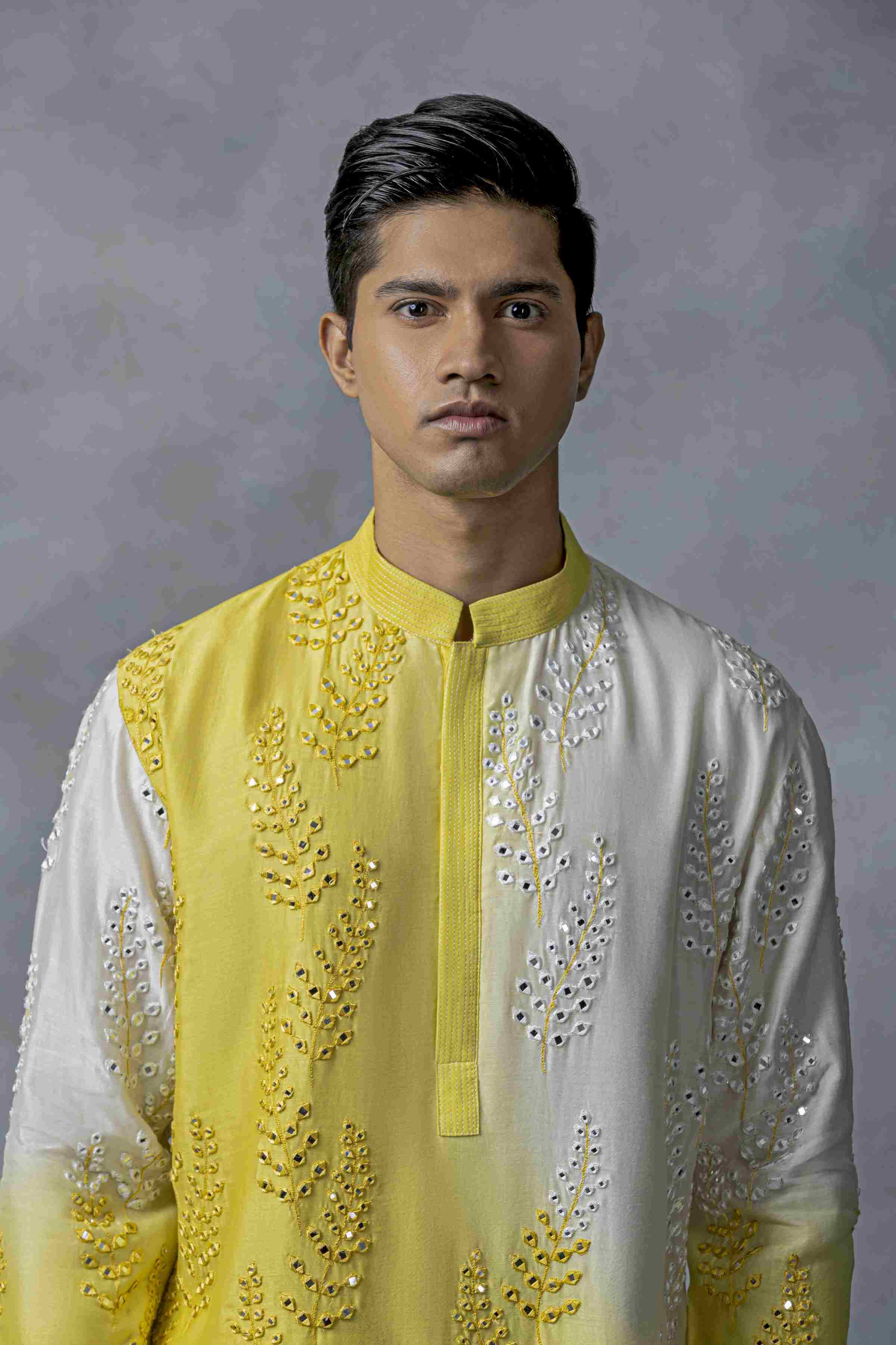 Yellow And White Mirror Work Kurta Set