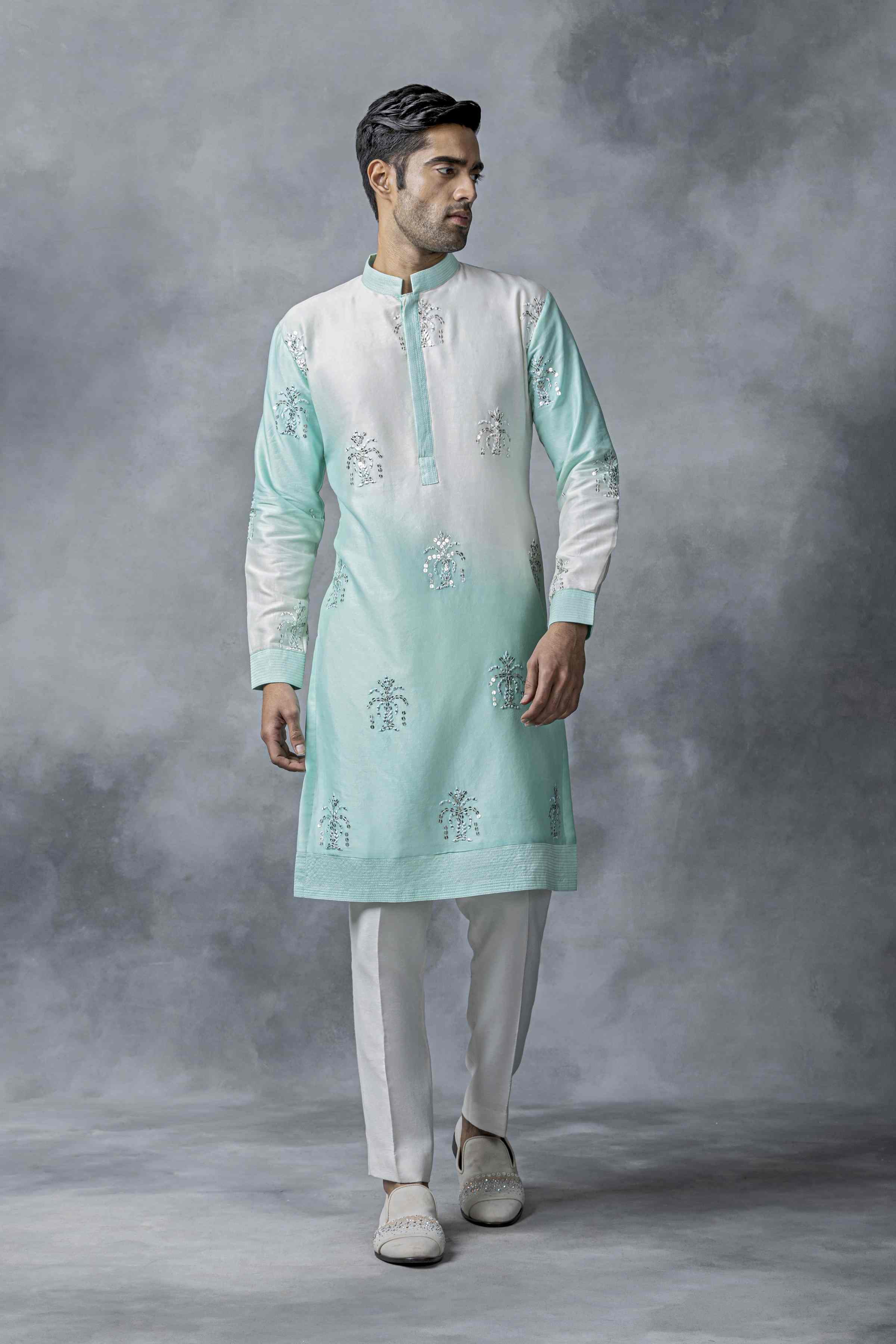 Off White And Sea Green Ombre Kurta Set
