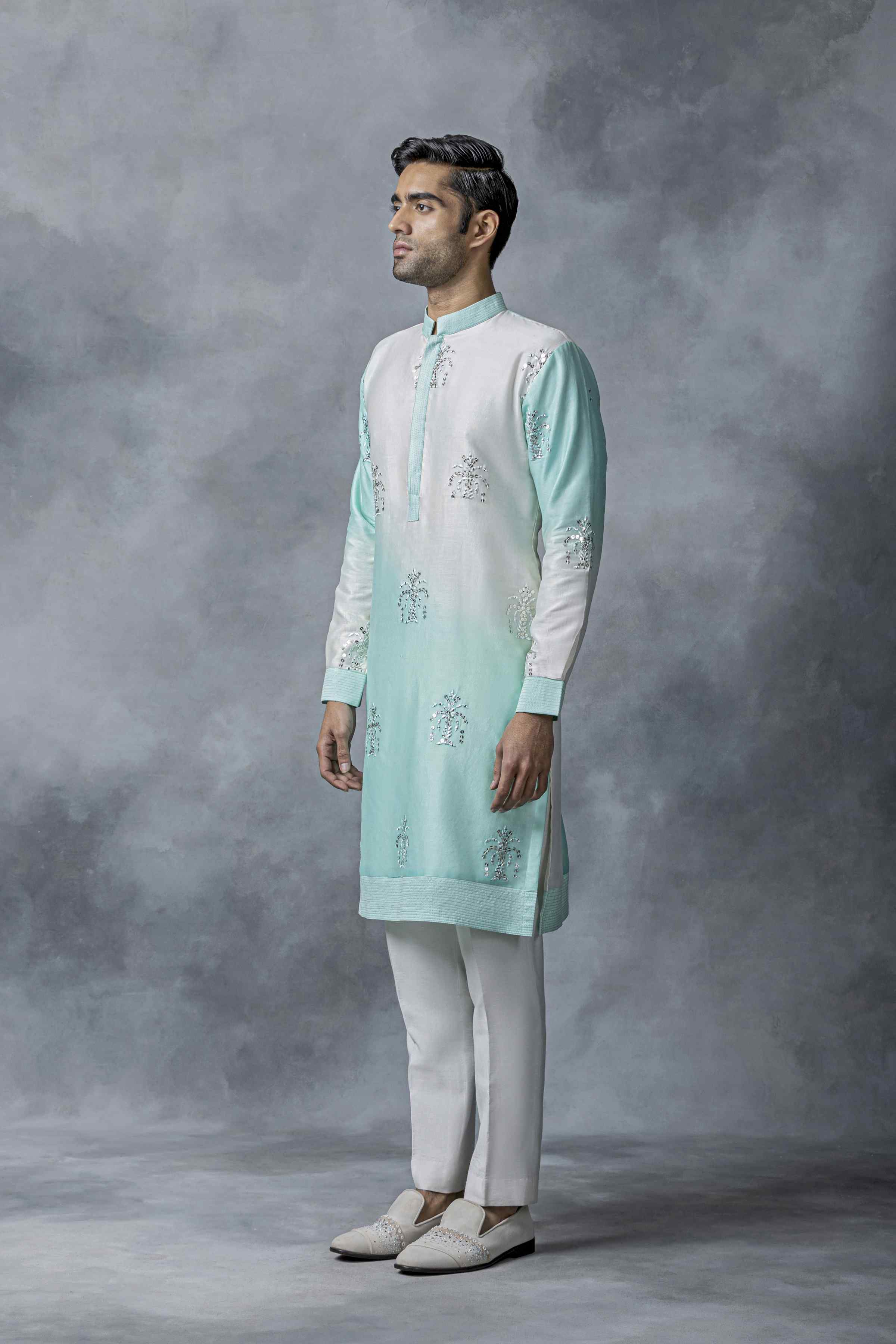 Off White And Sea Green Ombre Kurta Set