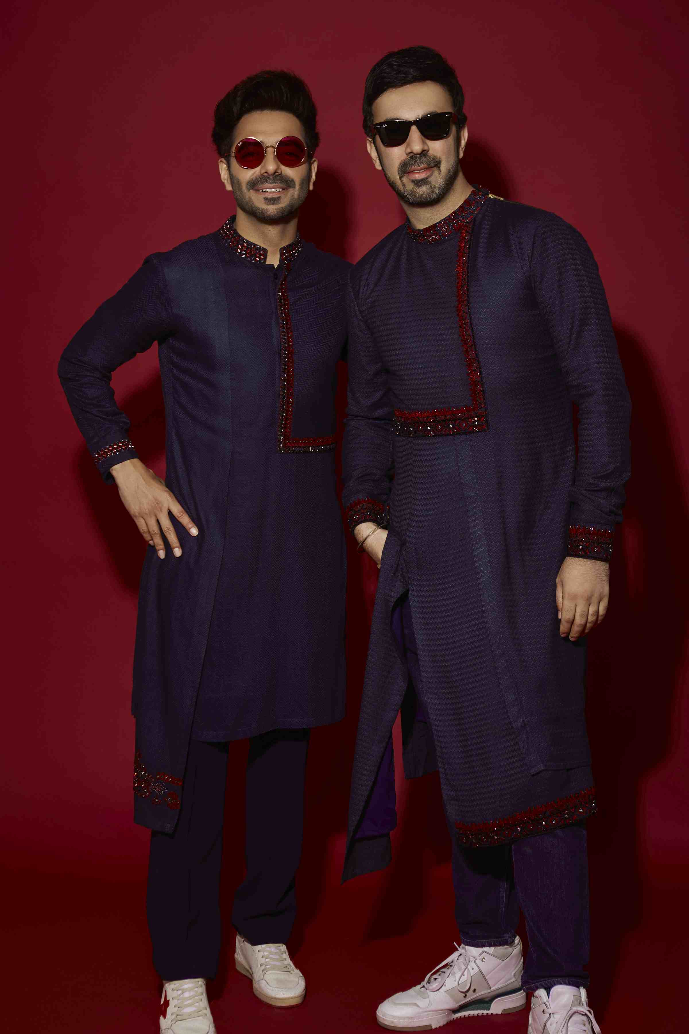 Navy Panel & Red Thread Work Kurta Set