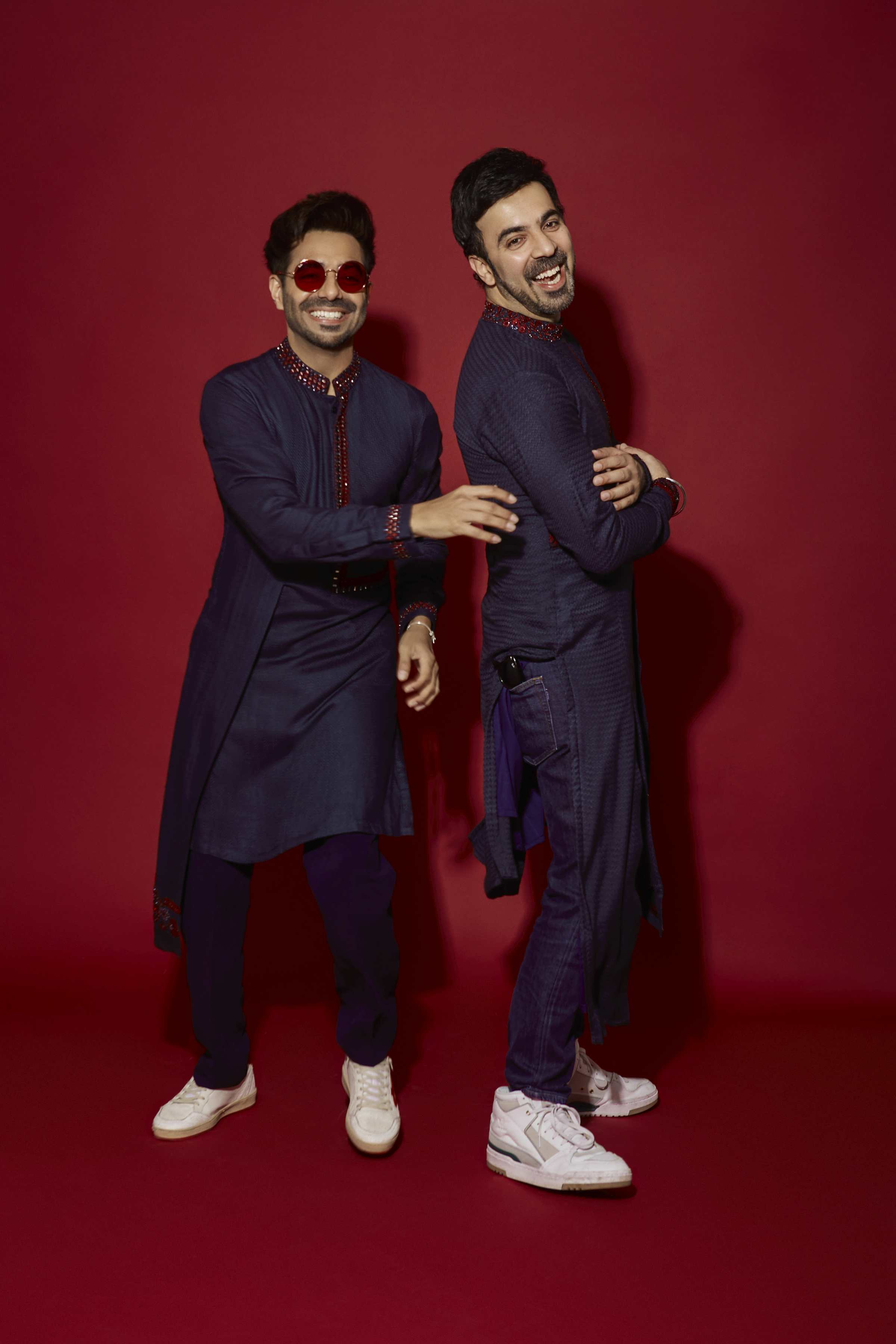 Navy Panel & Red Thread Work Kurta Set