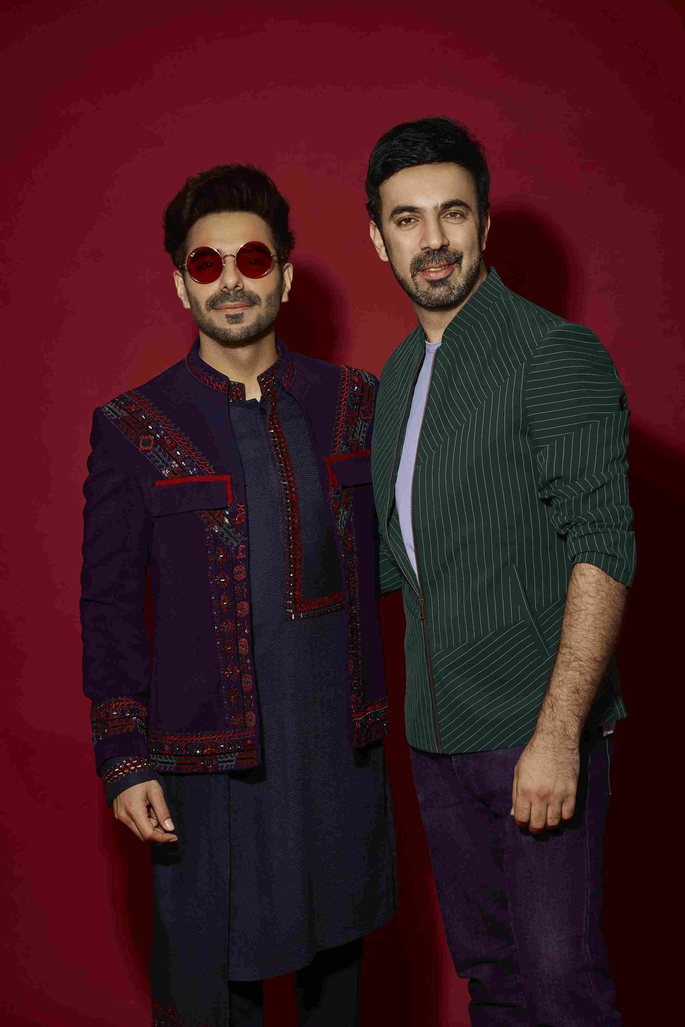 Navy Panel & Red Thread Work Kurta Set