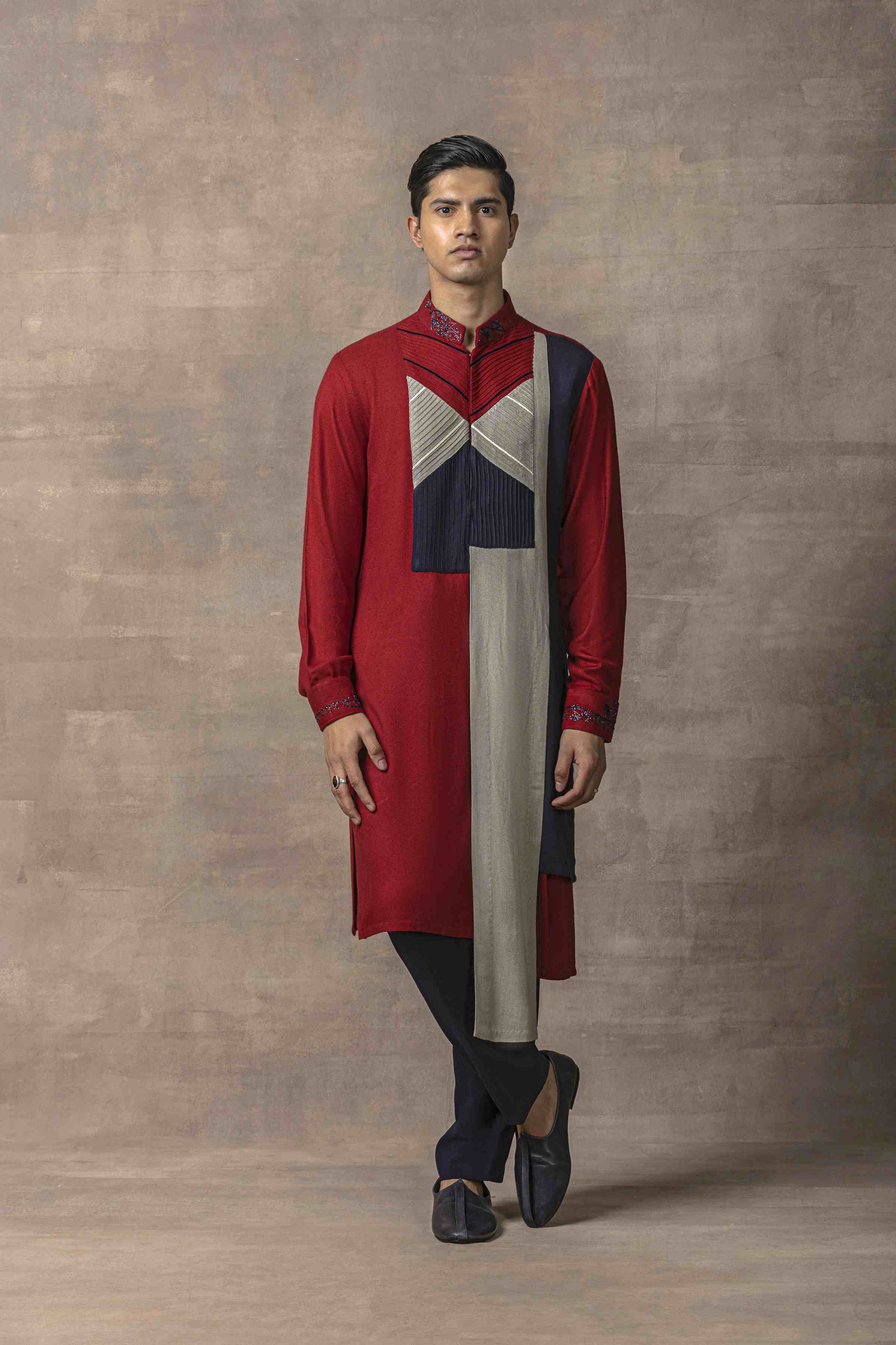 Red Pintuck & Colour Blocking Kurta Set