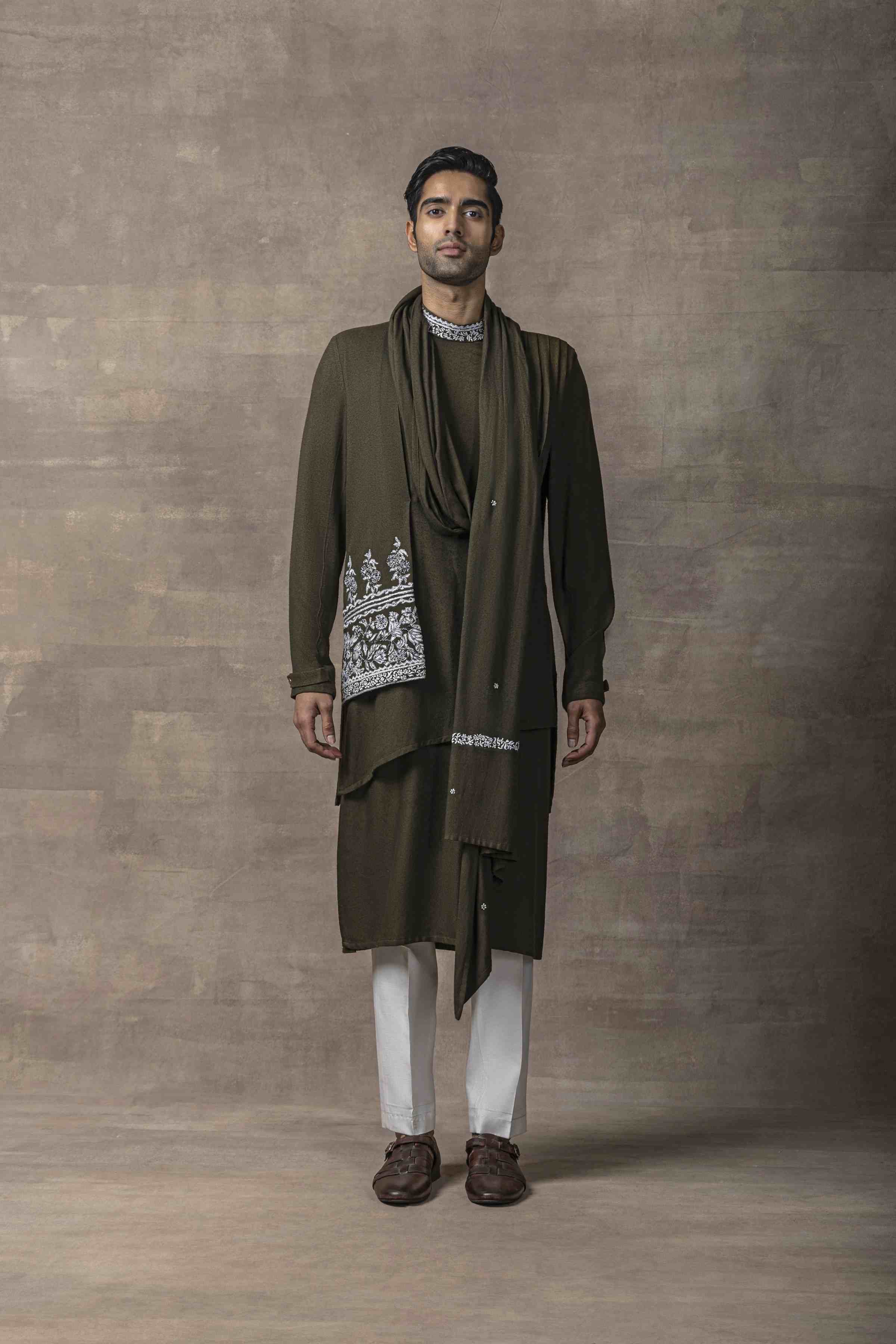 Olive Front Drape Kurta Set