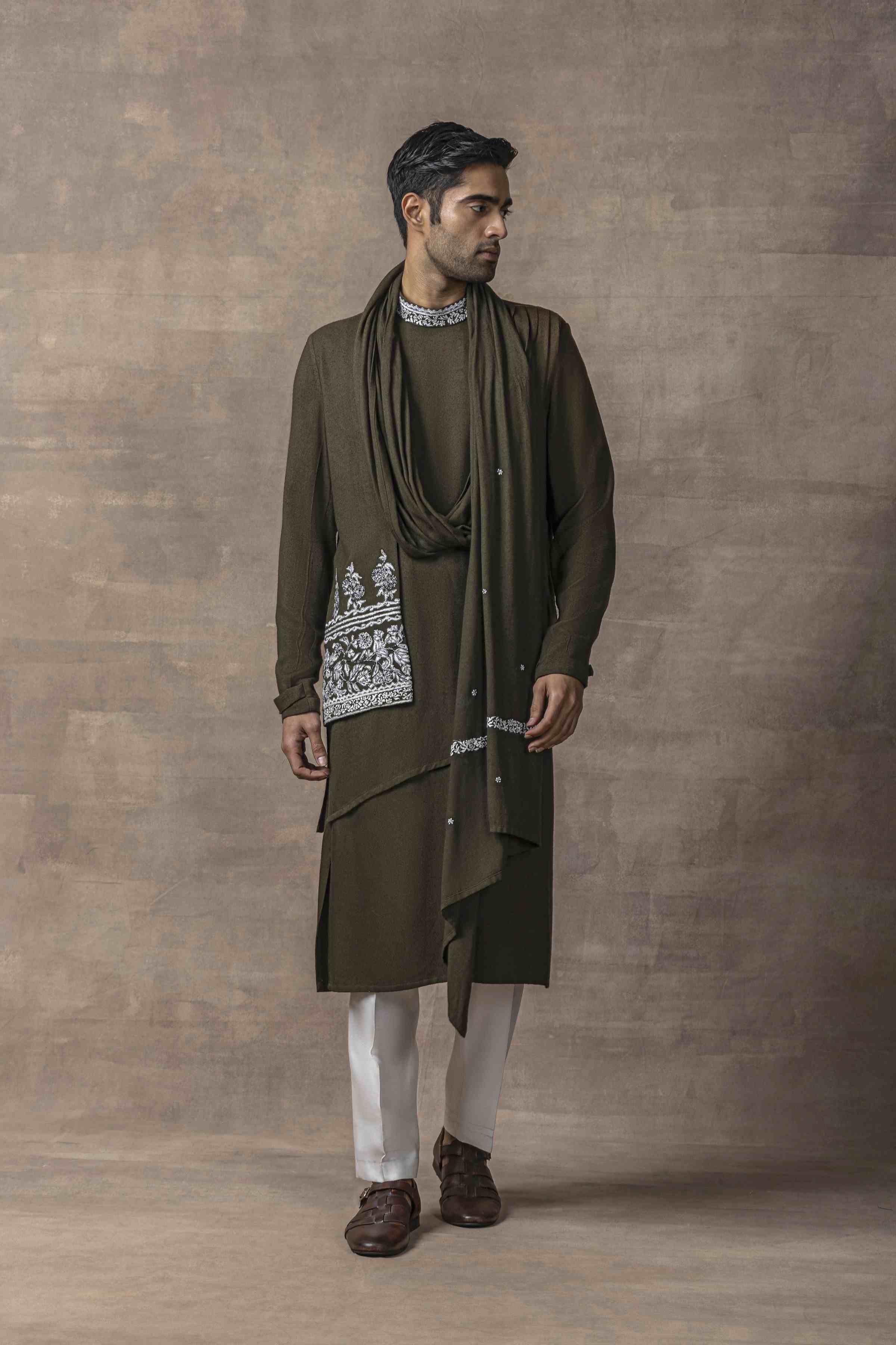 Olive Front Drape Kurta Set
