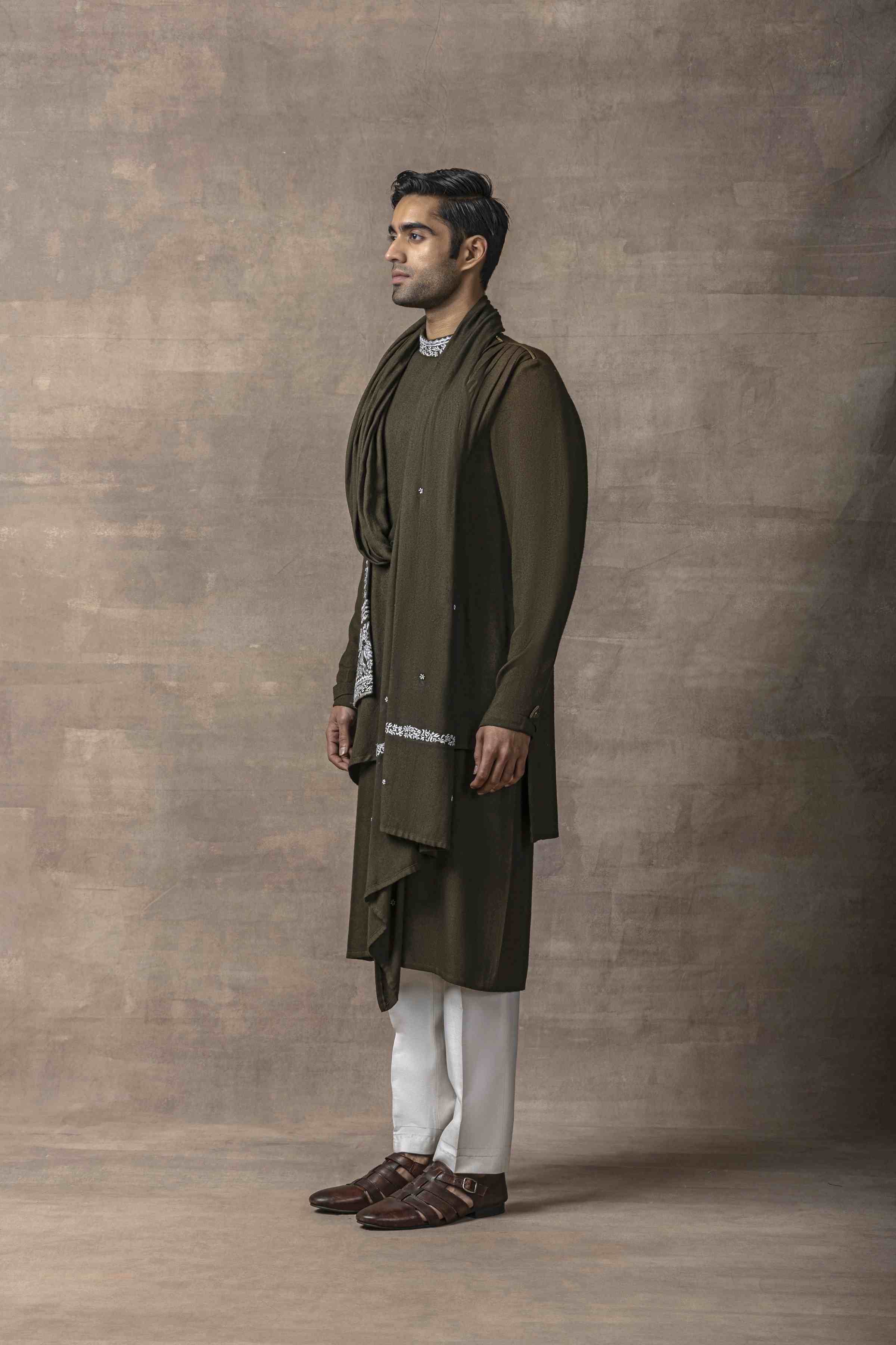 Olive Front Drape Kurta Set