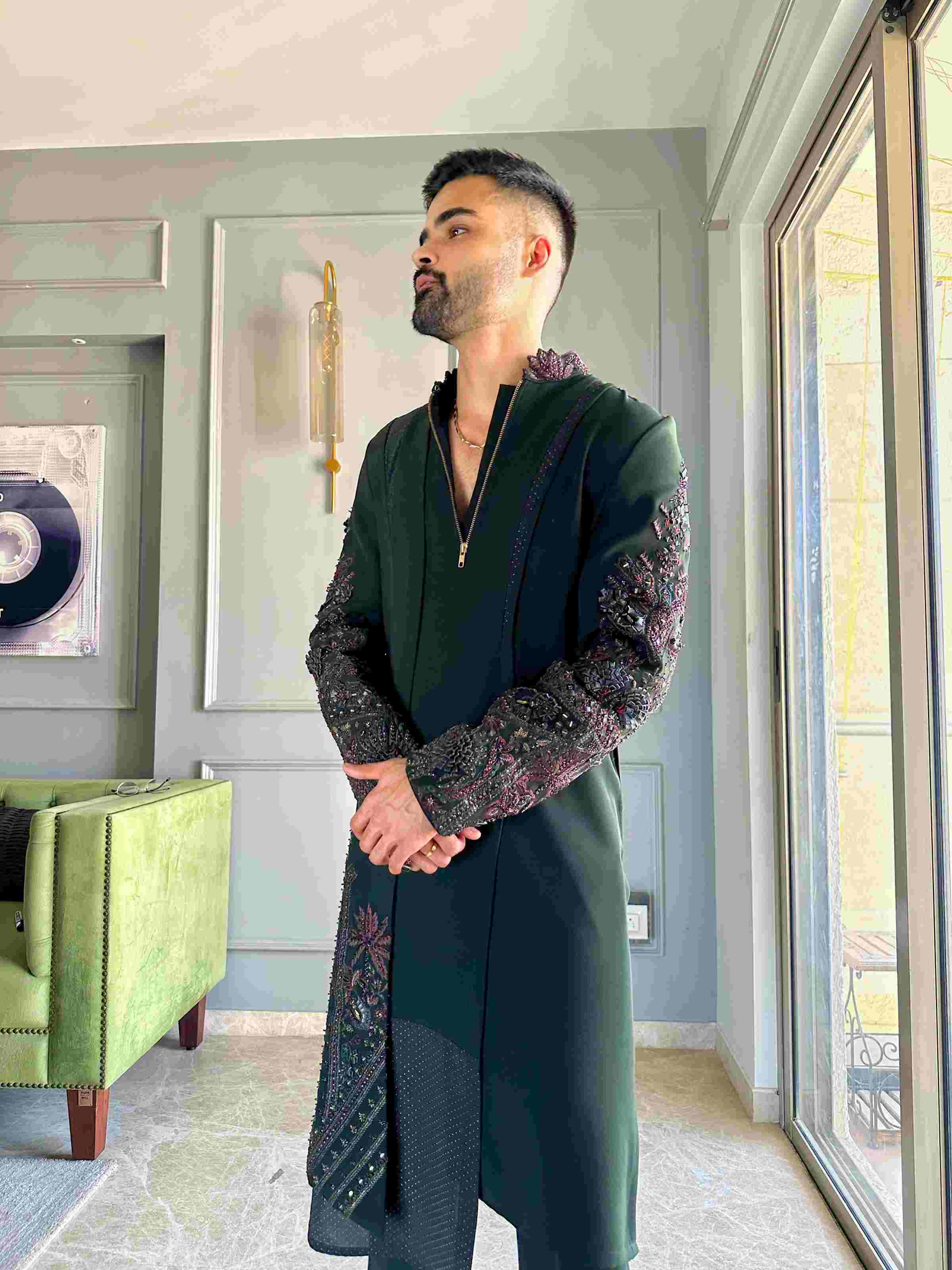 Forest Green Leather Embroidery Kurta Set