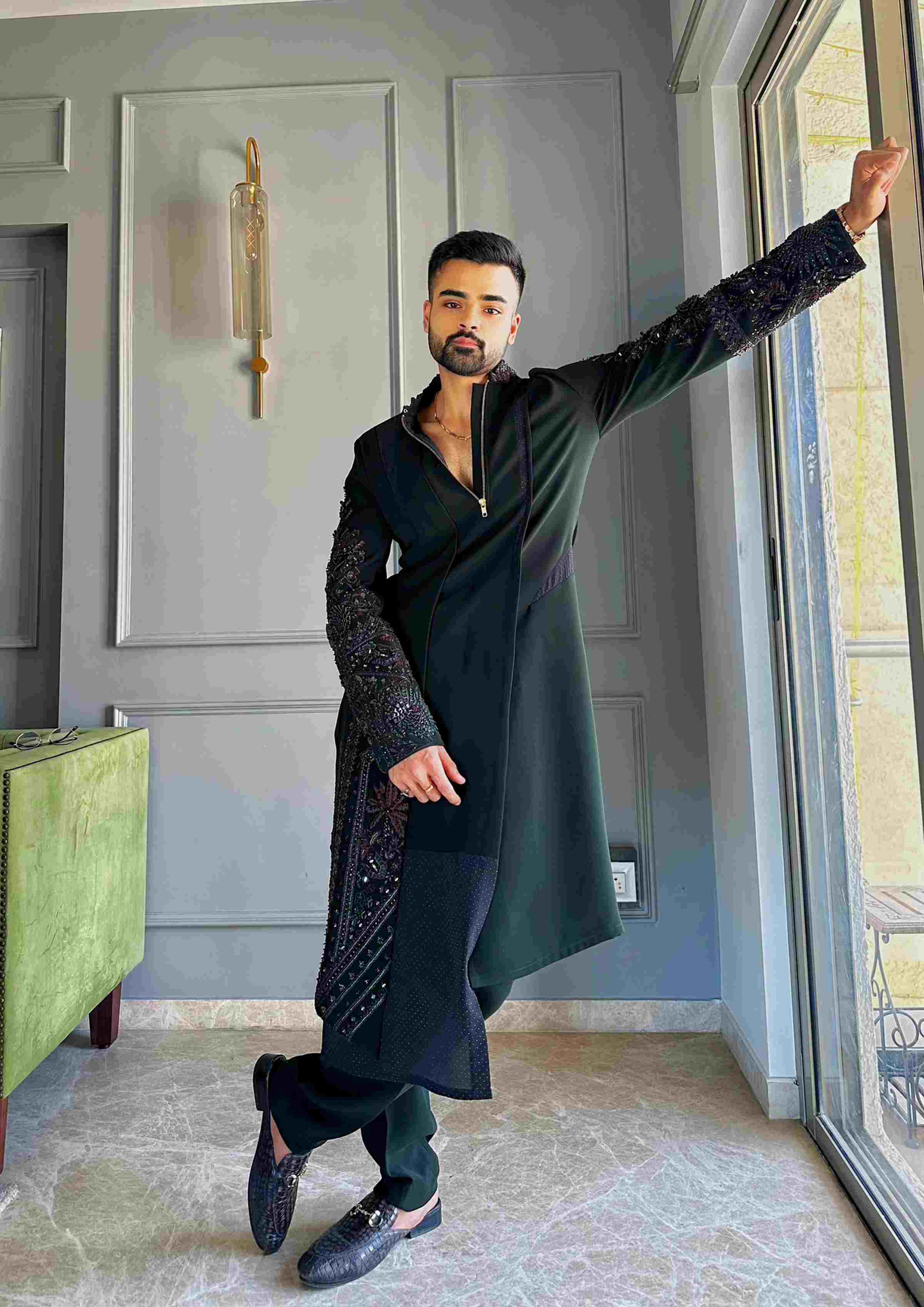 Forest Green Leather Embroidery Kurta Set