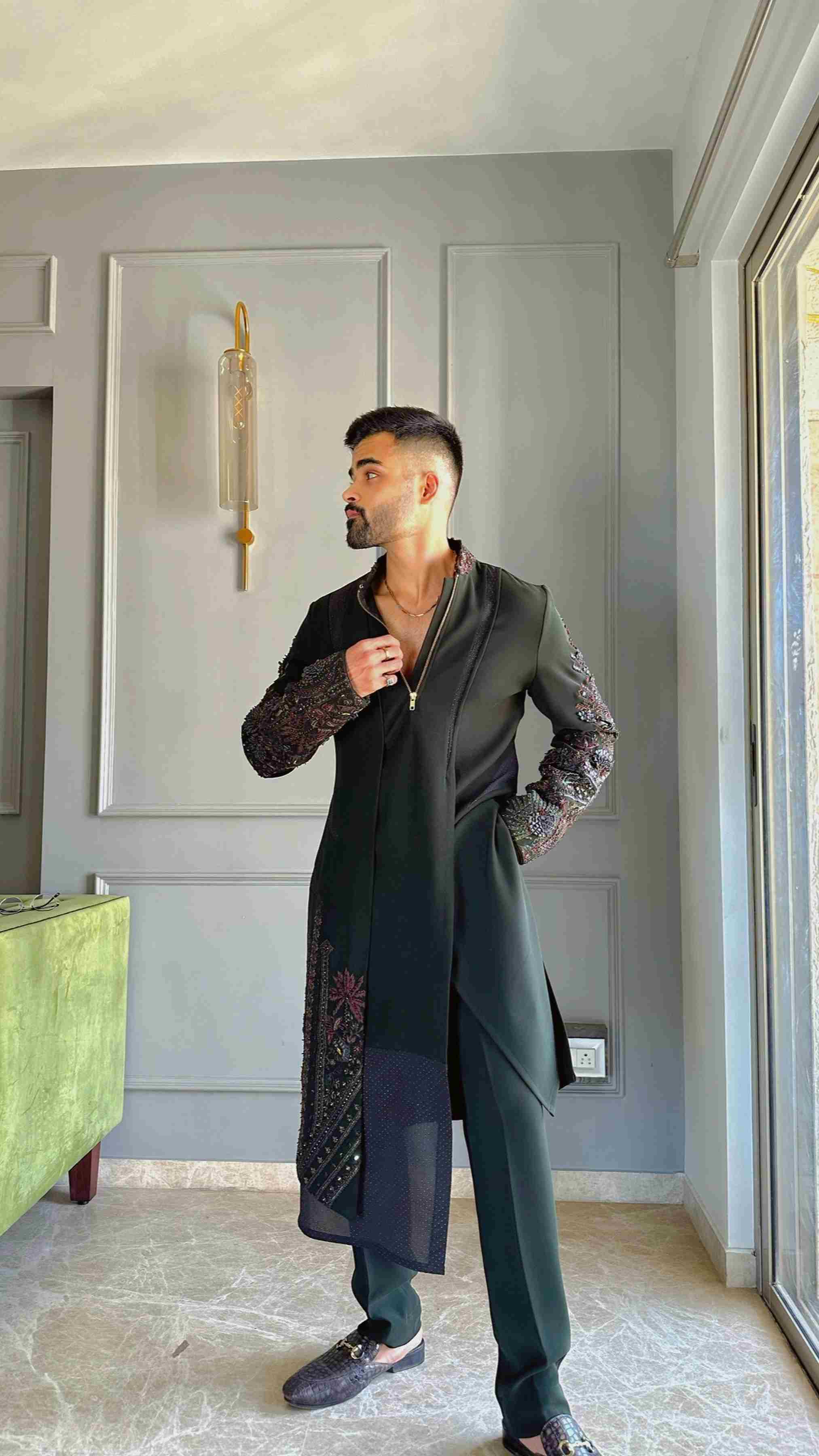 Forest Green Leather Embroidery Kurta Set