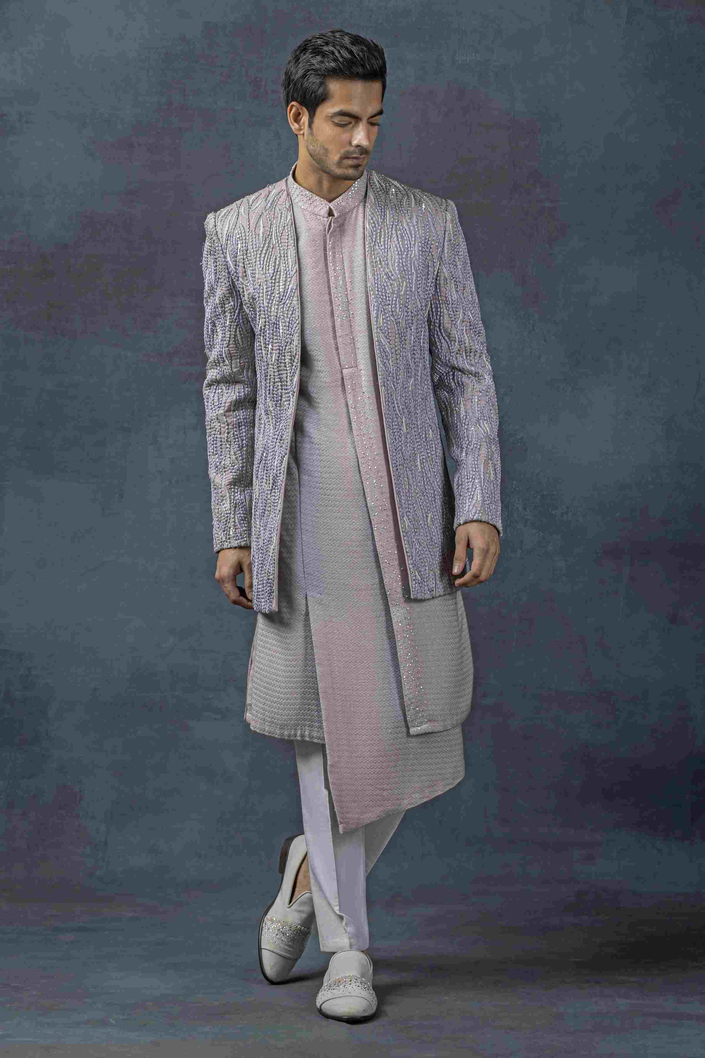 Lavender Pearl Work Open Bandhgala Set