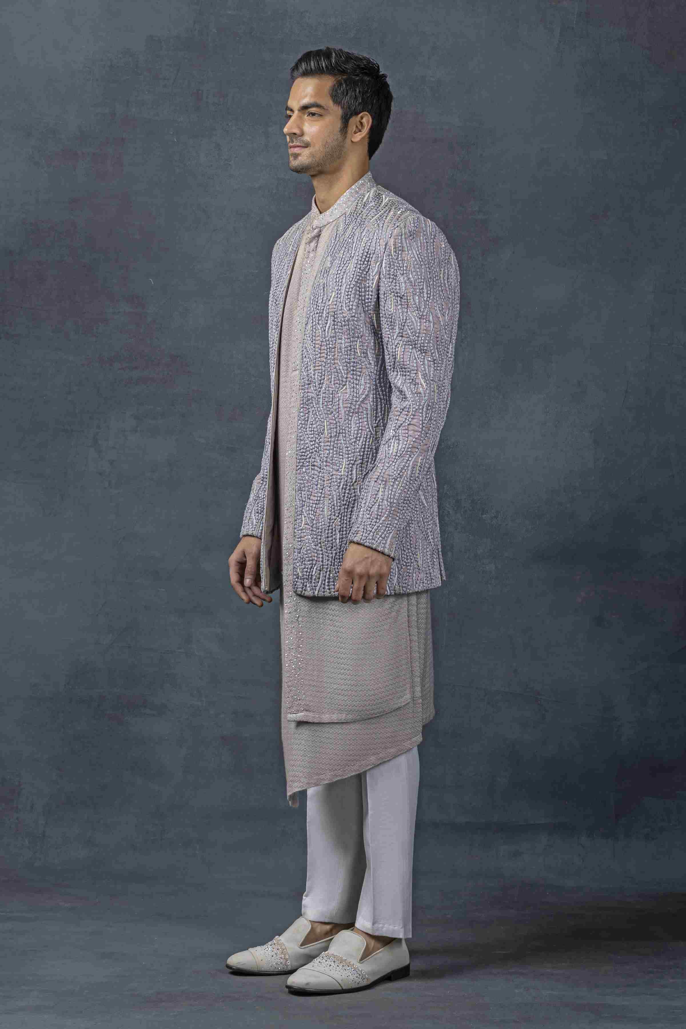 Lavender Pearl Work Open Bandhgala Set