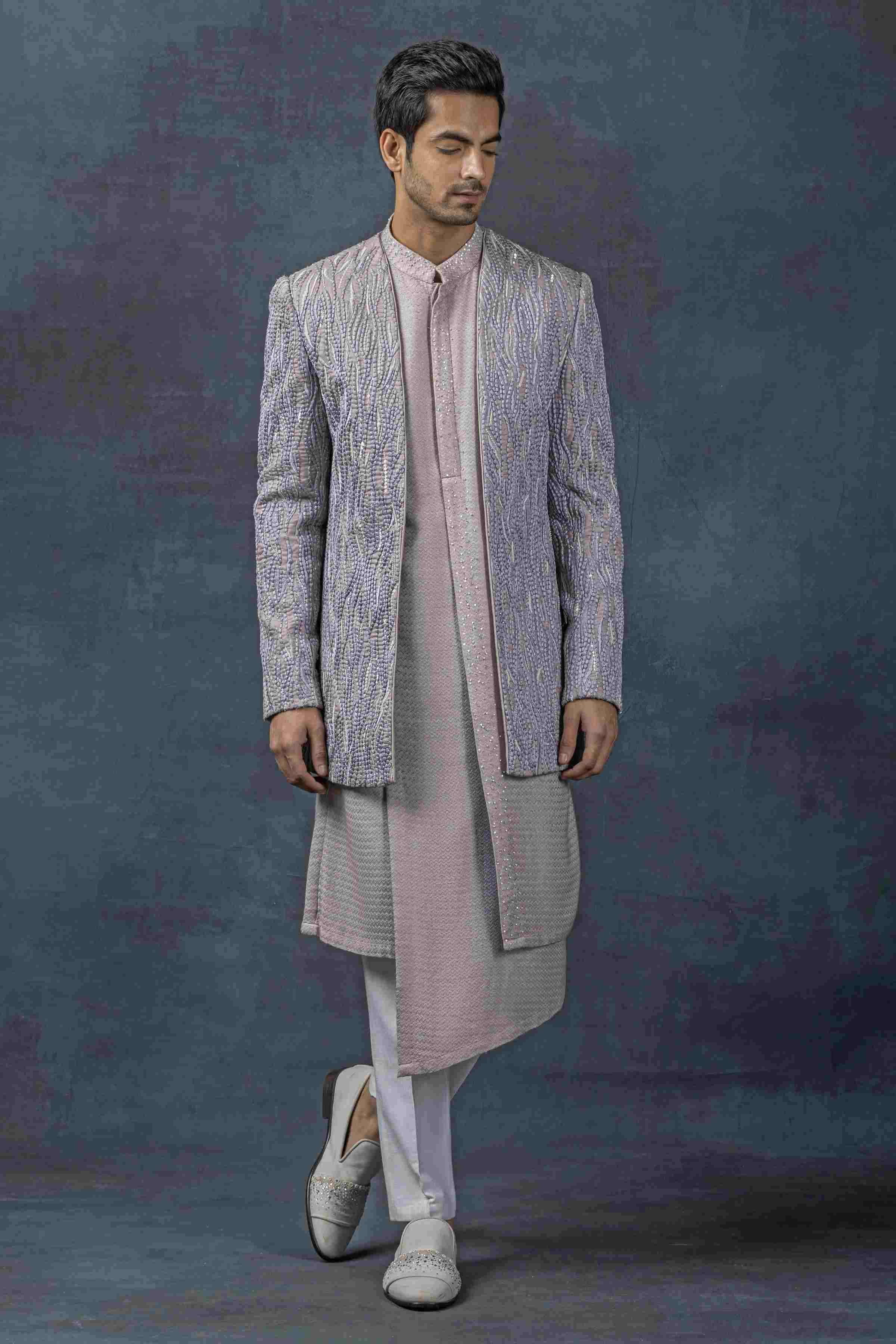 Lavender Pearl Work Open Bandhgala Set