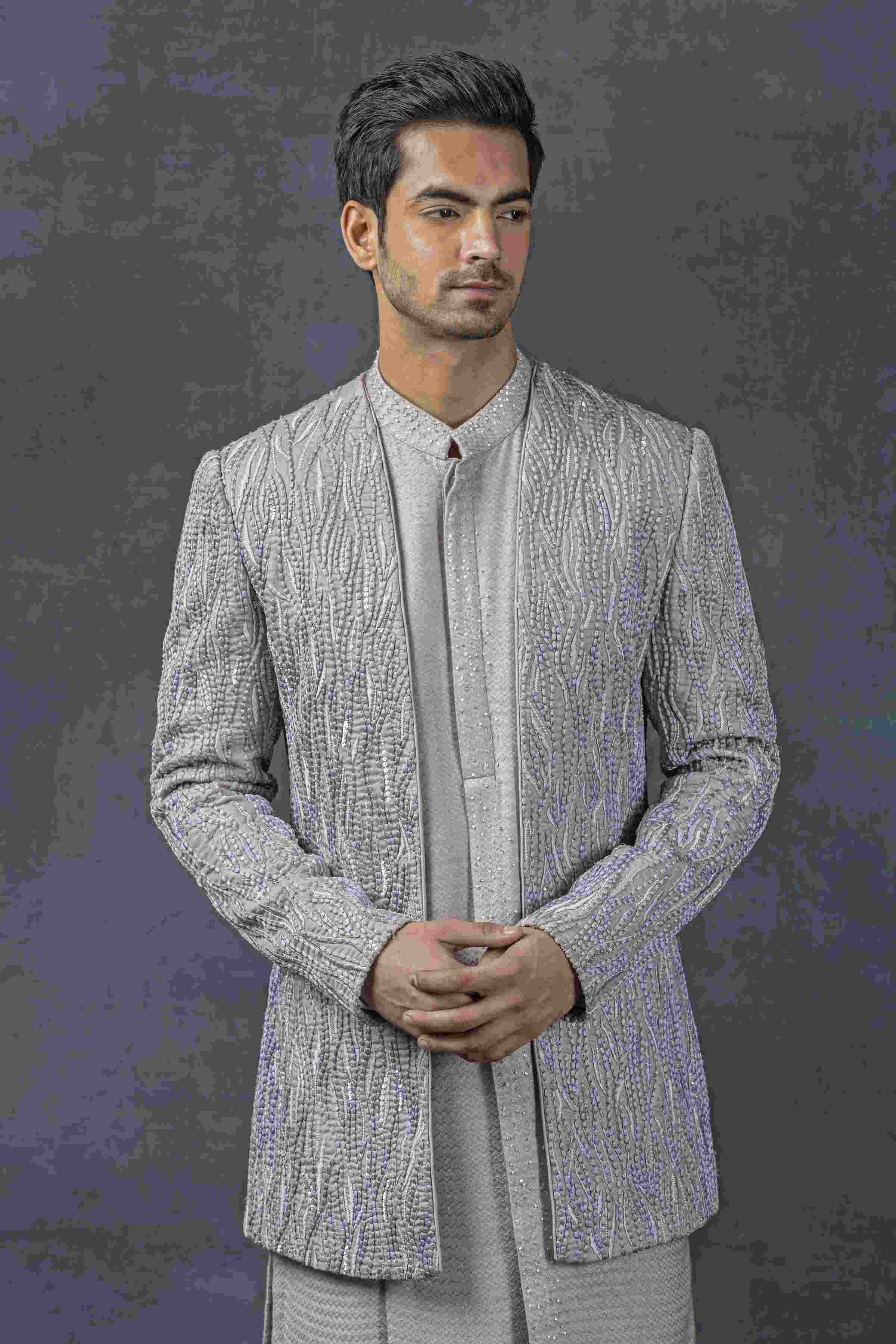 Lavender Pearl Work Open Bandhgala Set