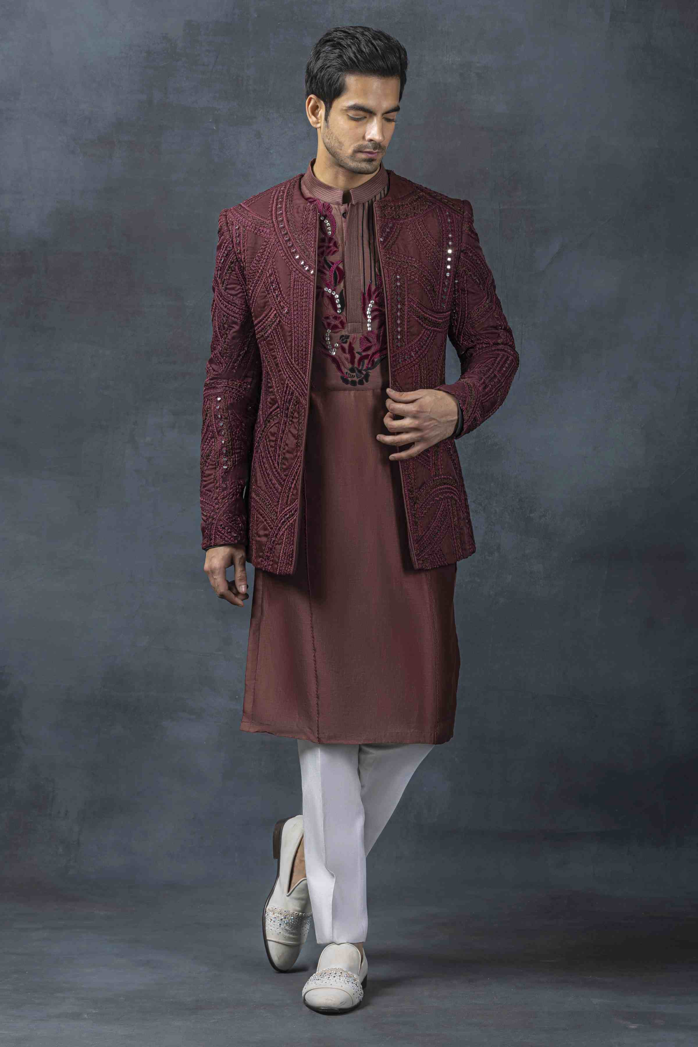 Wine Mirror Work Open Bandhgala Set