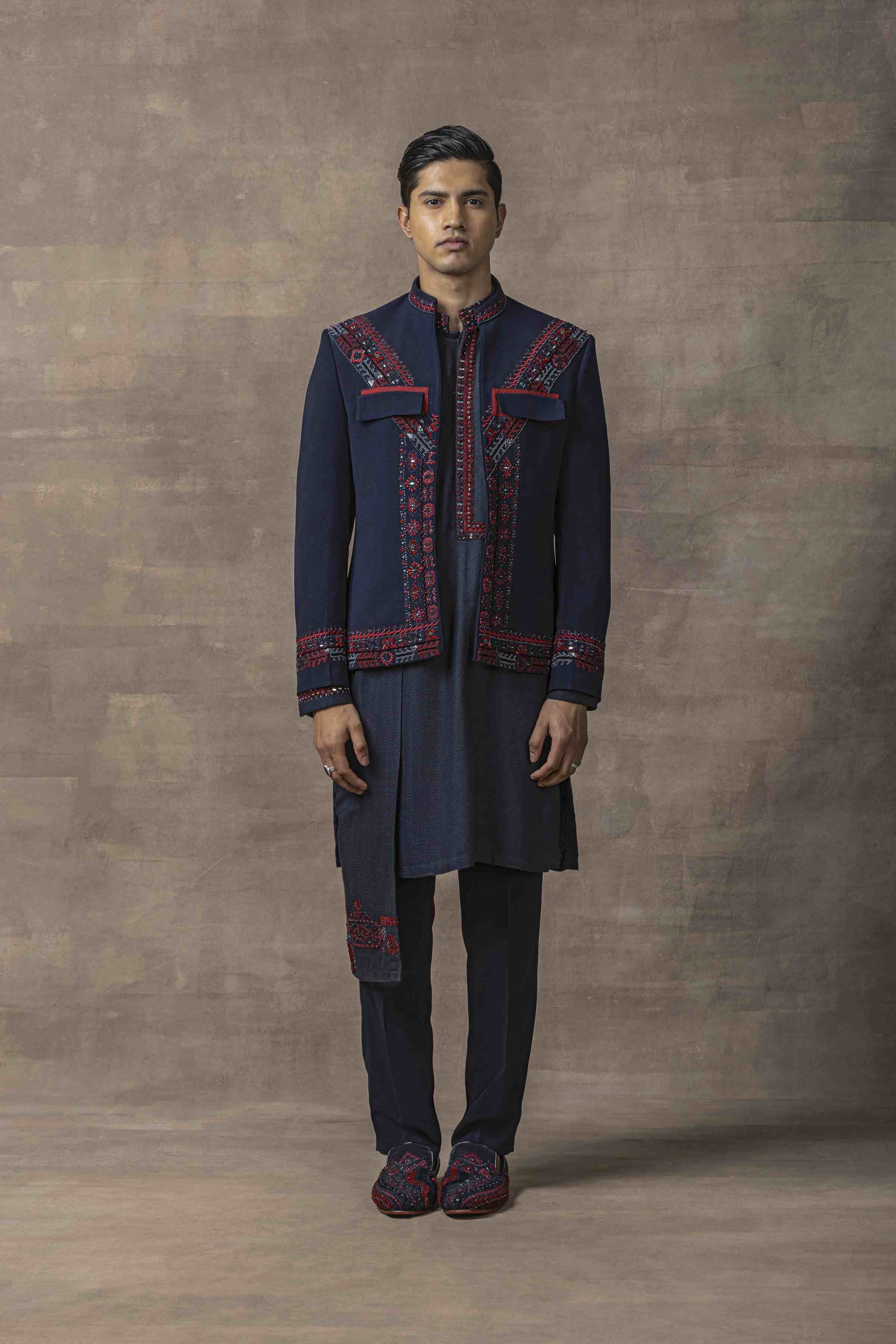 Navy Embroidered Open Bandhgala Set