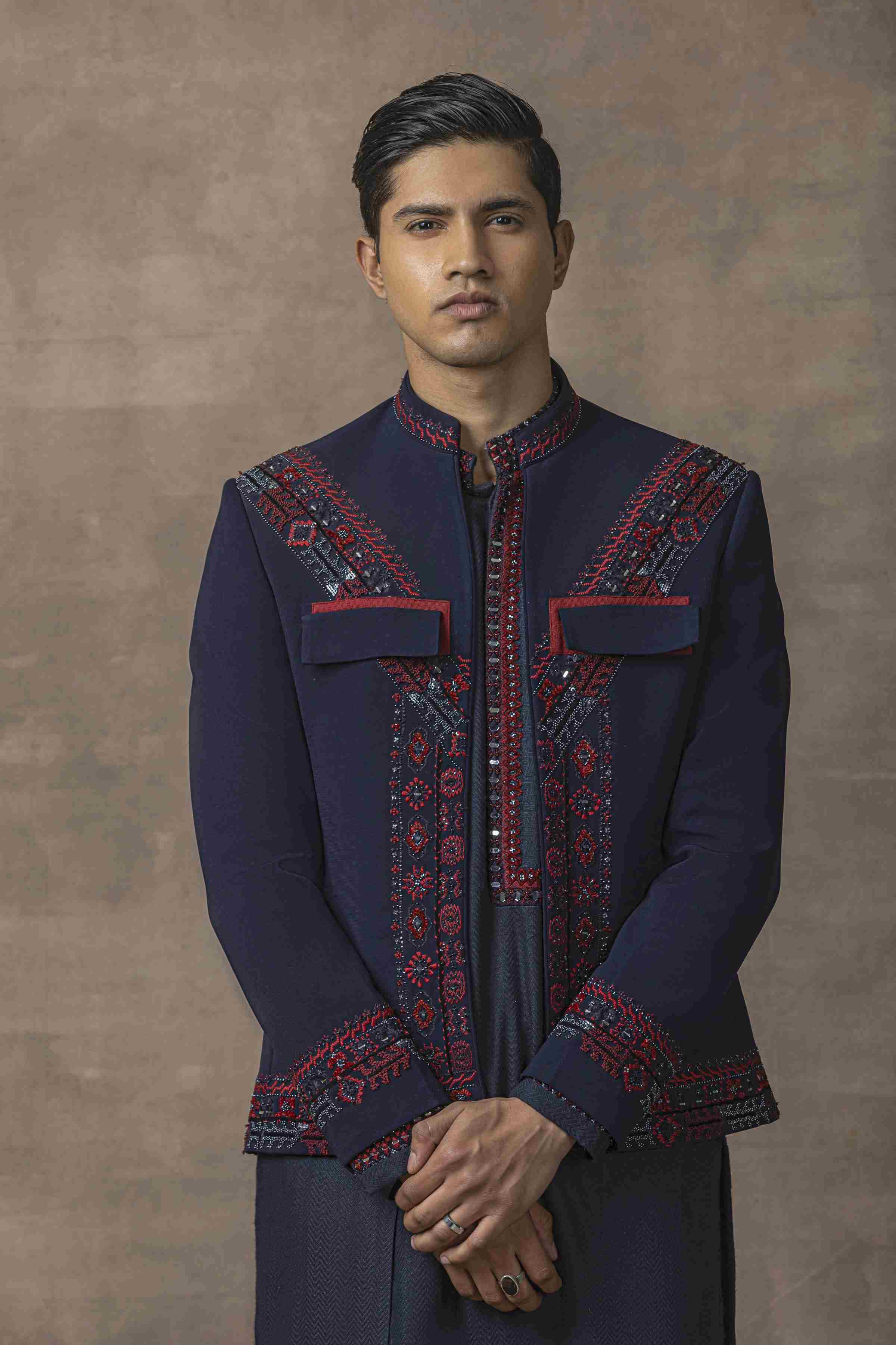 Navy Embroidered Open Bandhgala Set