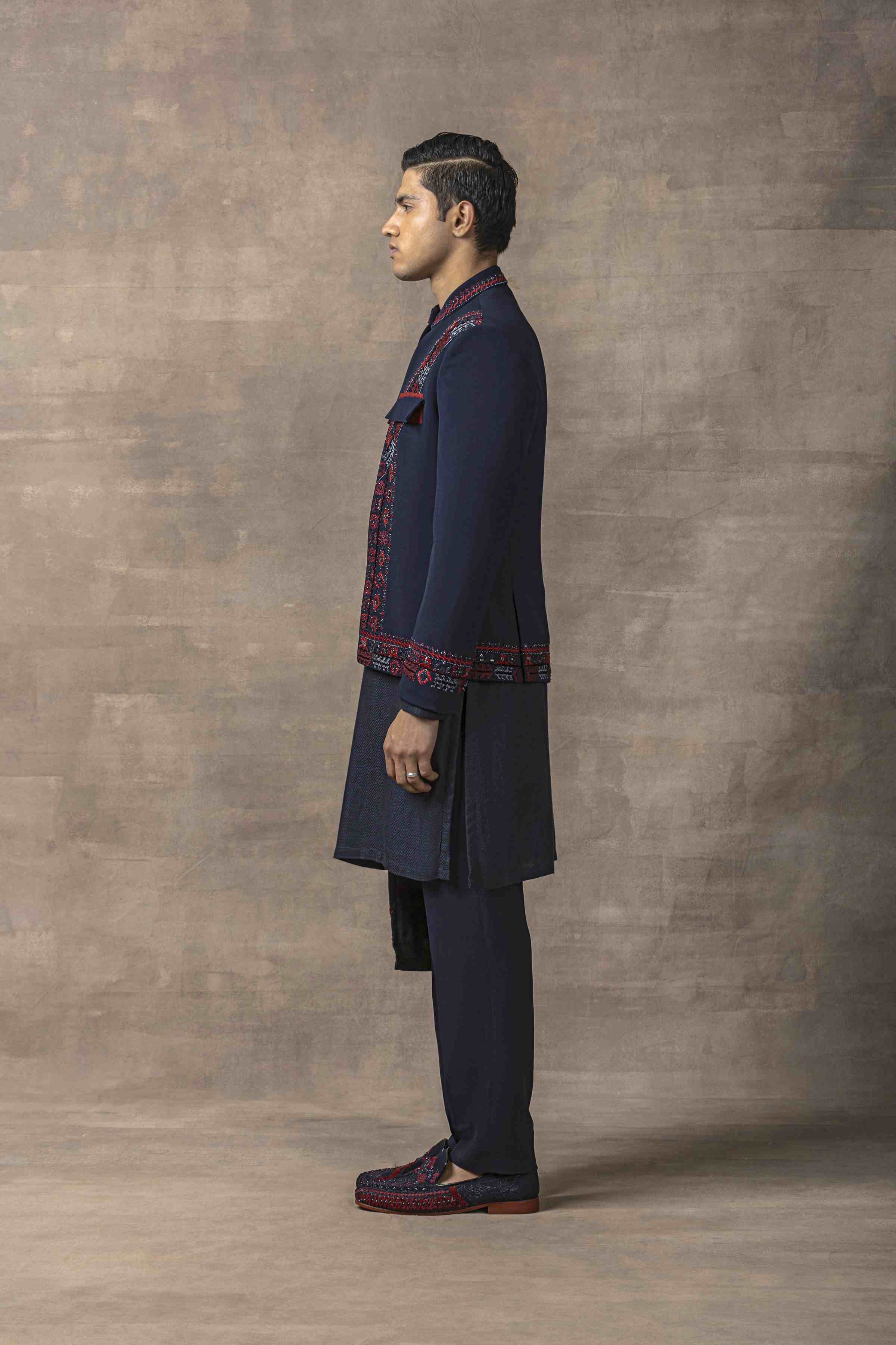 Navy Embroidered Open Bandhgala Set