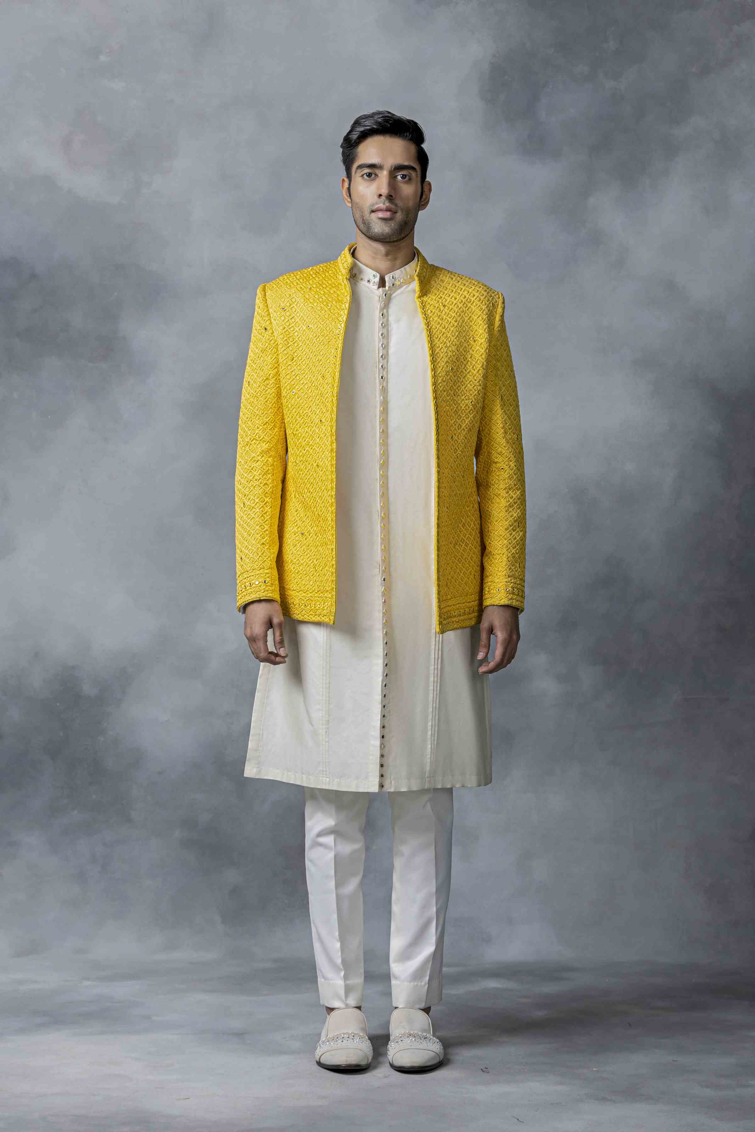 Yellow Mirror Work Bandhgala Set