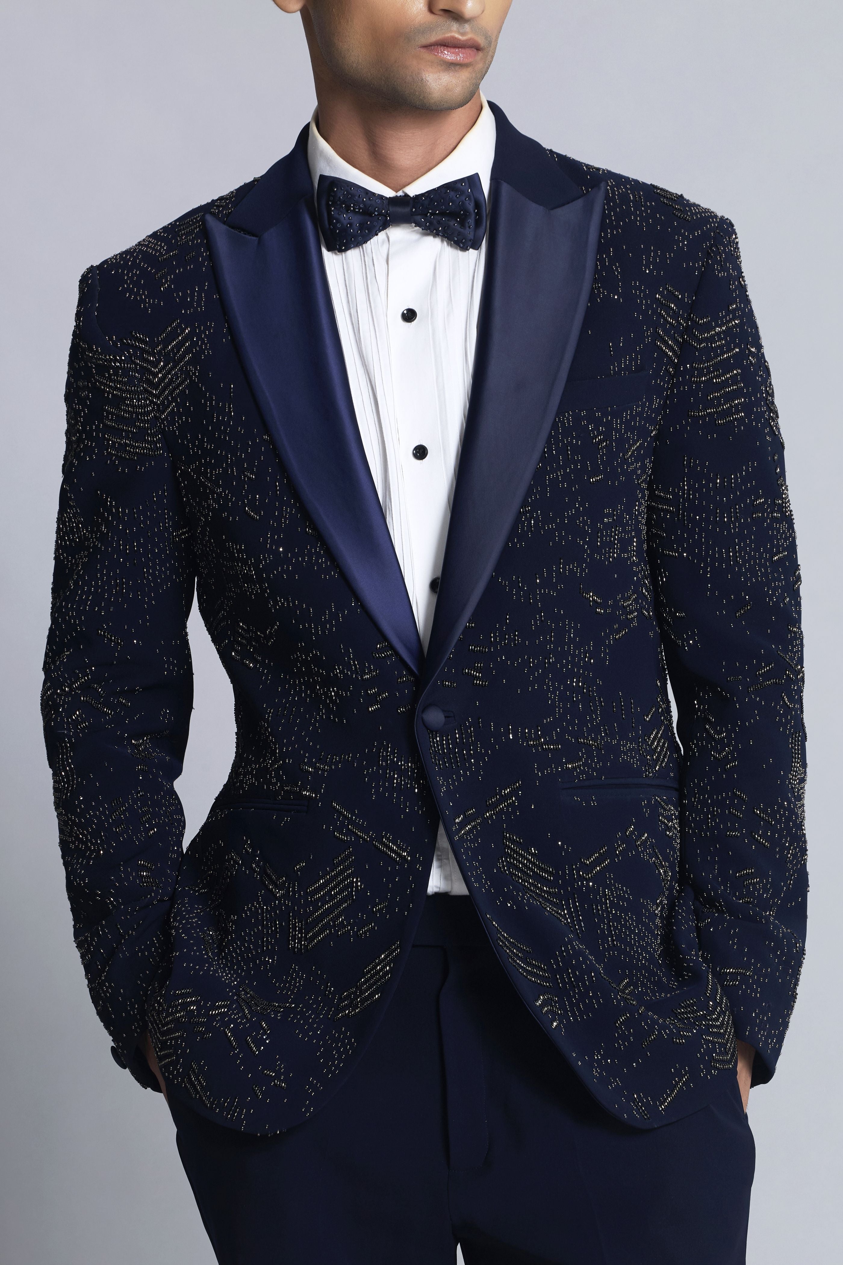Navy blue Sandwash Pearl Embroidered Tuxedo Set