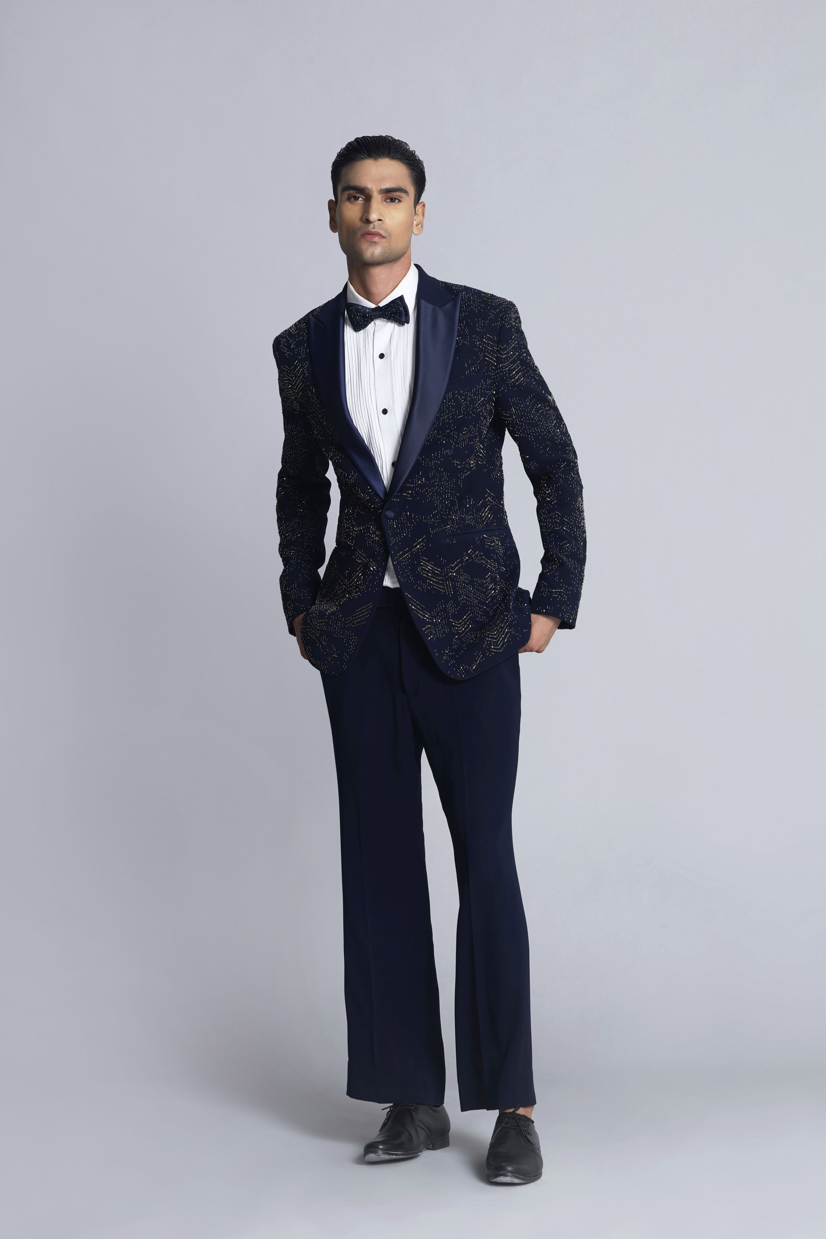 Navy blue Sandwash Pearl Embroidered Tuxedo Set
