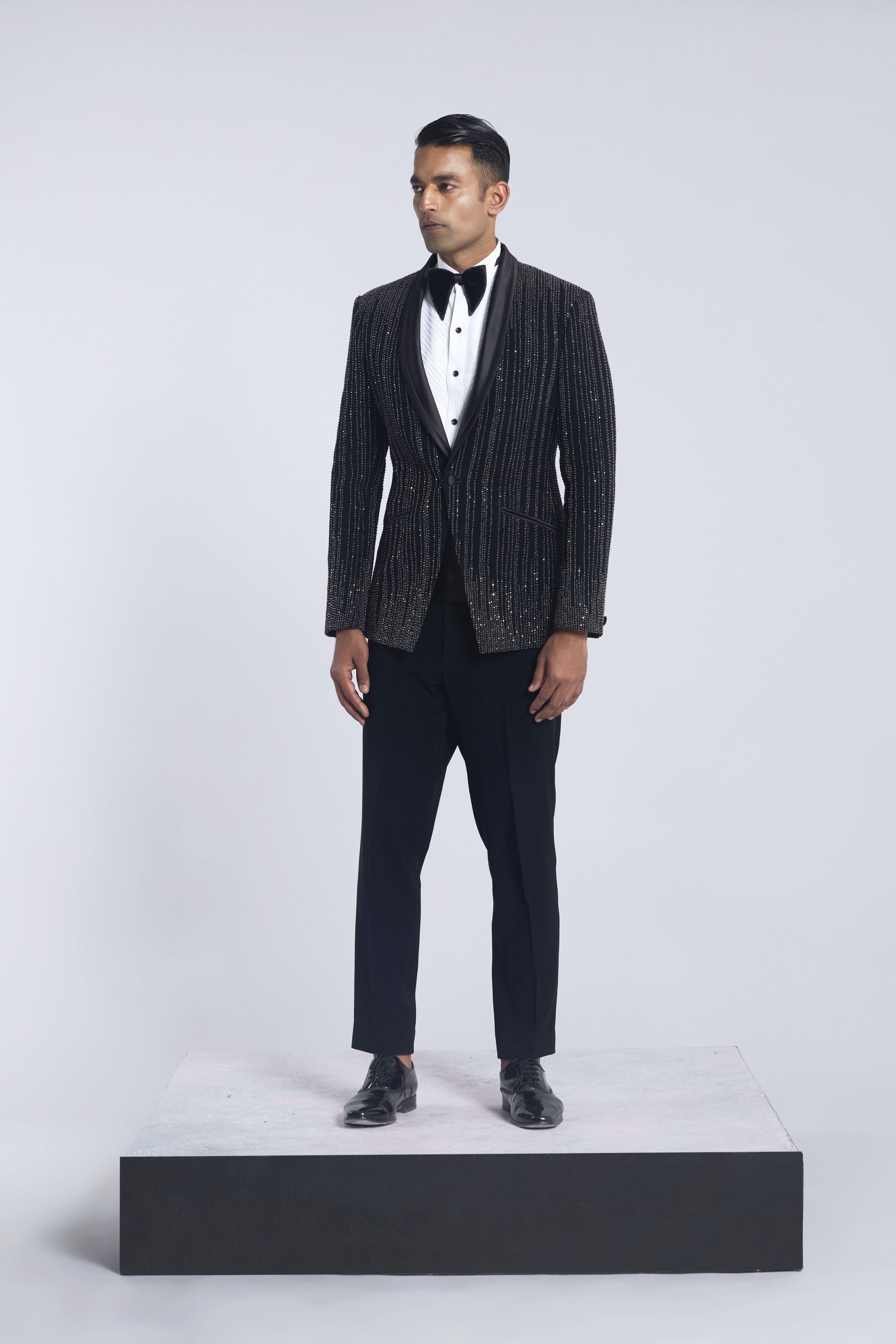Black Sandwash Pearl Embroidered Tuxedo Set