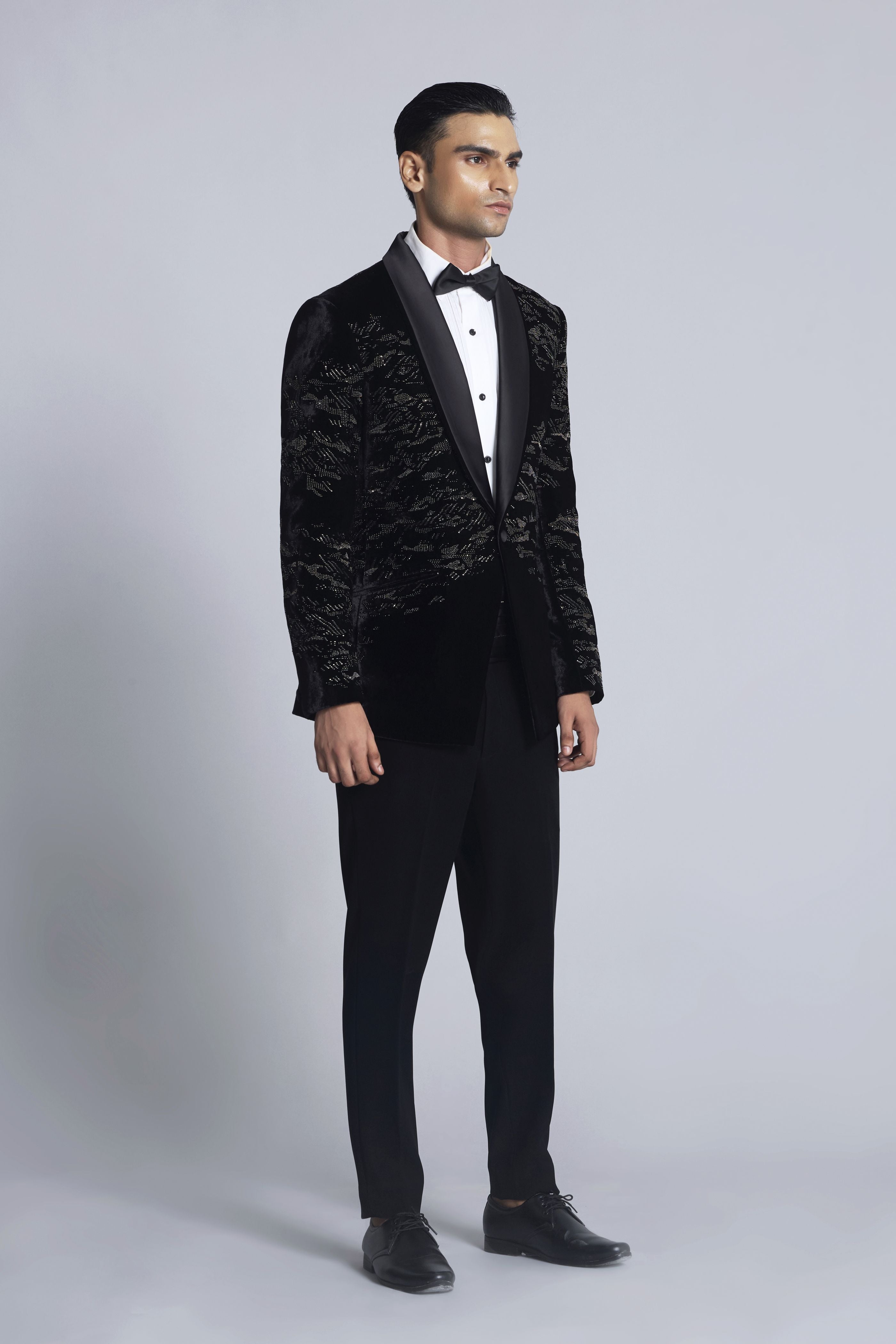 Black velvet Pearl Embroidered Tuxedo Sets
